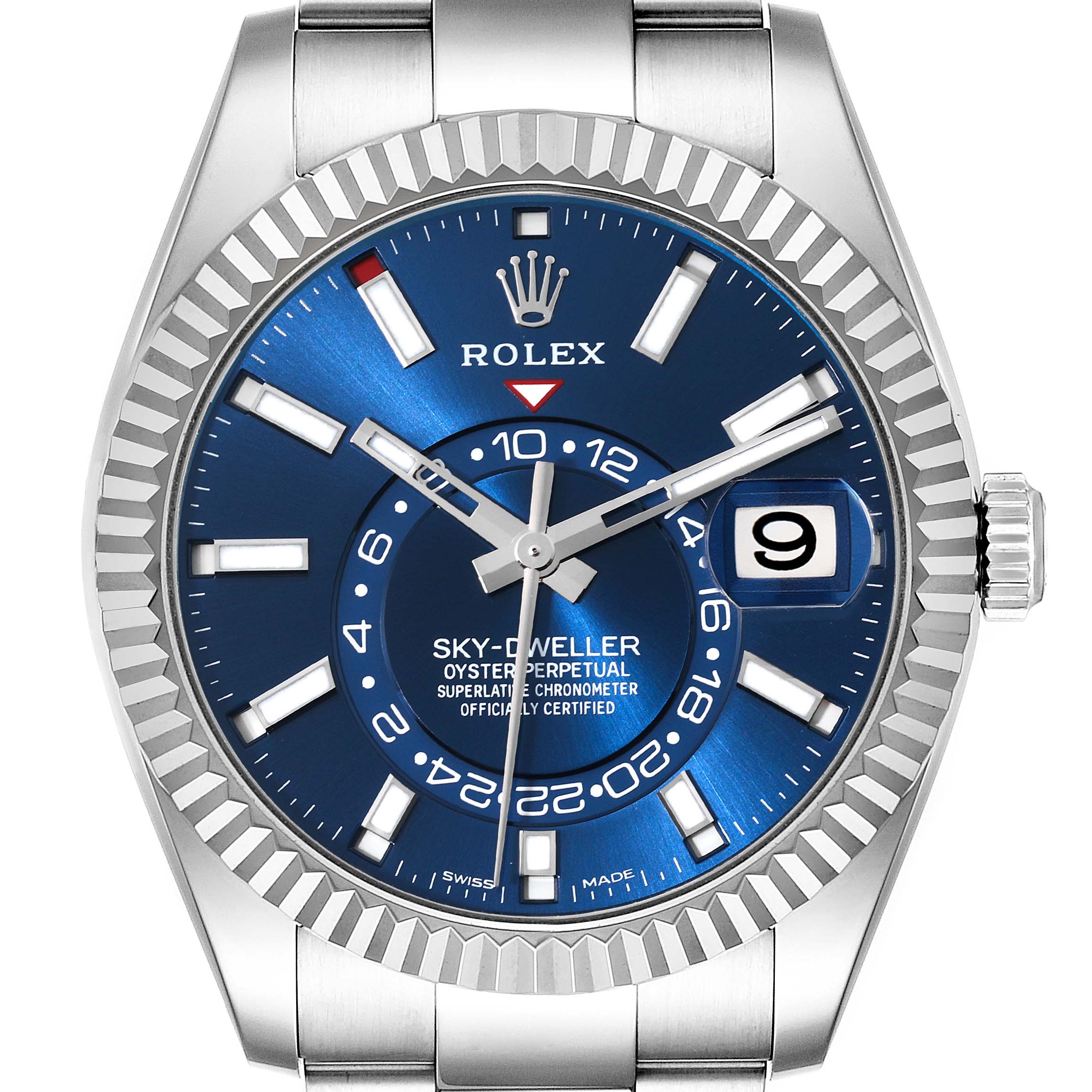 The image shows a front view of a Rolex Sky-Dweller 326934 Men
s Stainless Steel Blue Dial 326934 Men
s Stainless Steel Blue Dial watch featuring a blue dial and fluted bezel.