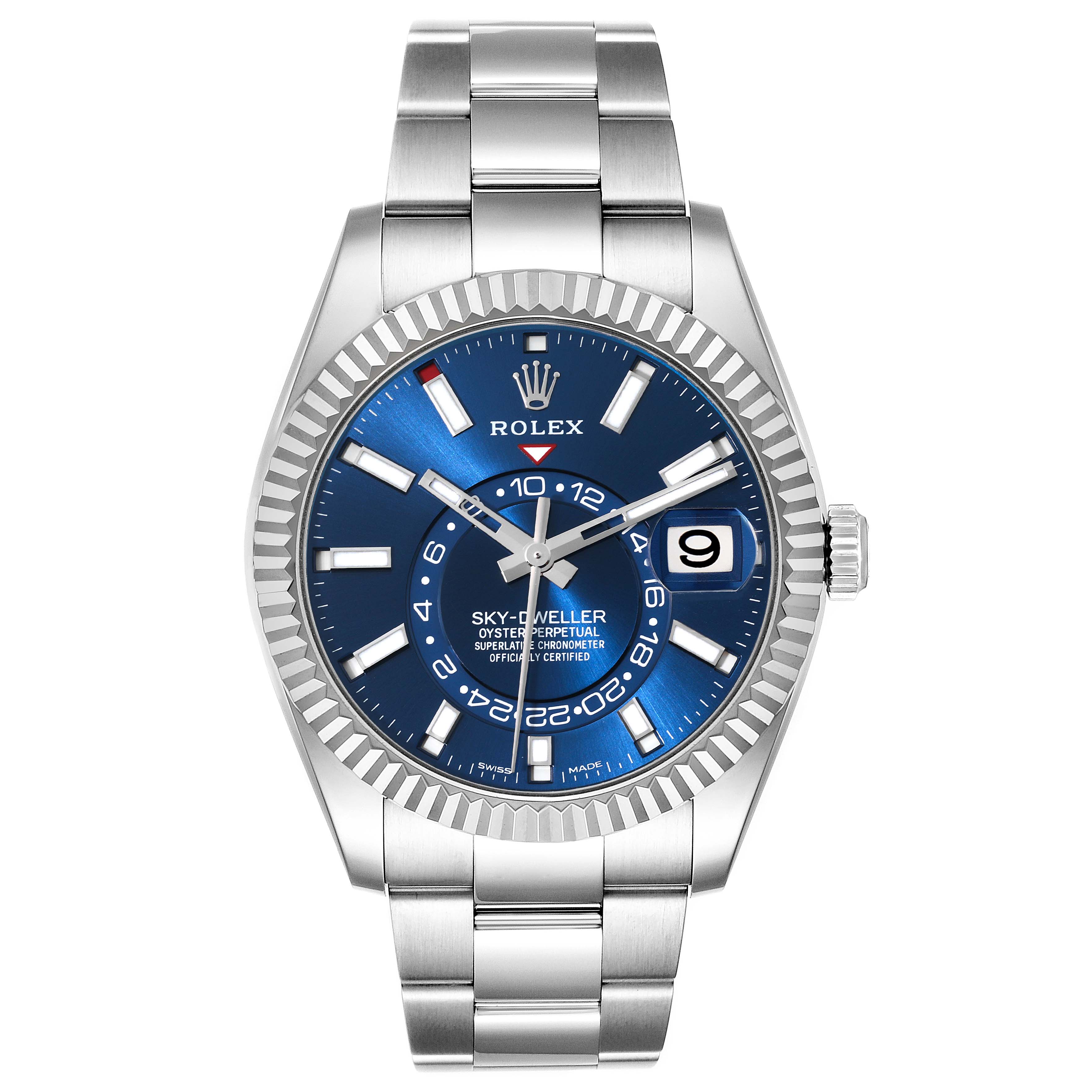 The image shows a front view of the Rolex Sky-Dweller 326934 Men
s Stainless Steel Blue Dial 326934 Men
s Stainless Steel Blue Dial watch, displaying its blue dial, bezel, bracelet, and date window.