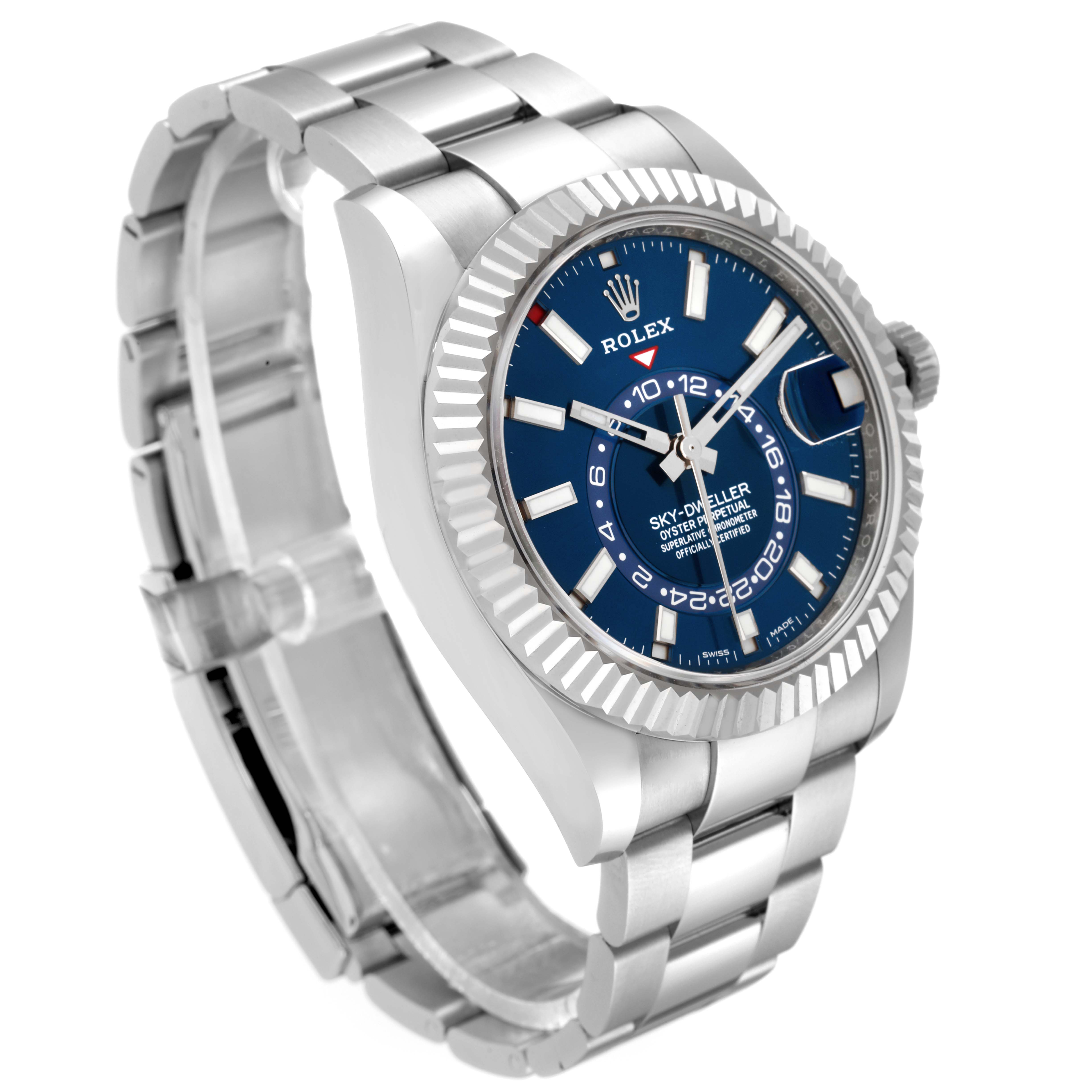 This image shows a Rolex Sky-Dweller 326934 Men
s Stainless Steel Blue Dial 326934 Men
s Stainless Steel Blue Dial watch at an oblique angle, highlighting the dial, bezel, case, and bracelet.