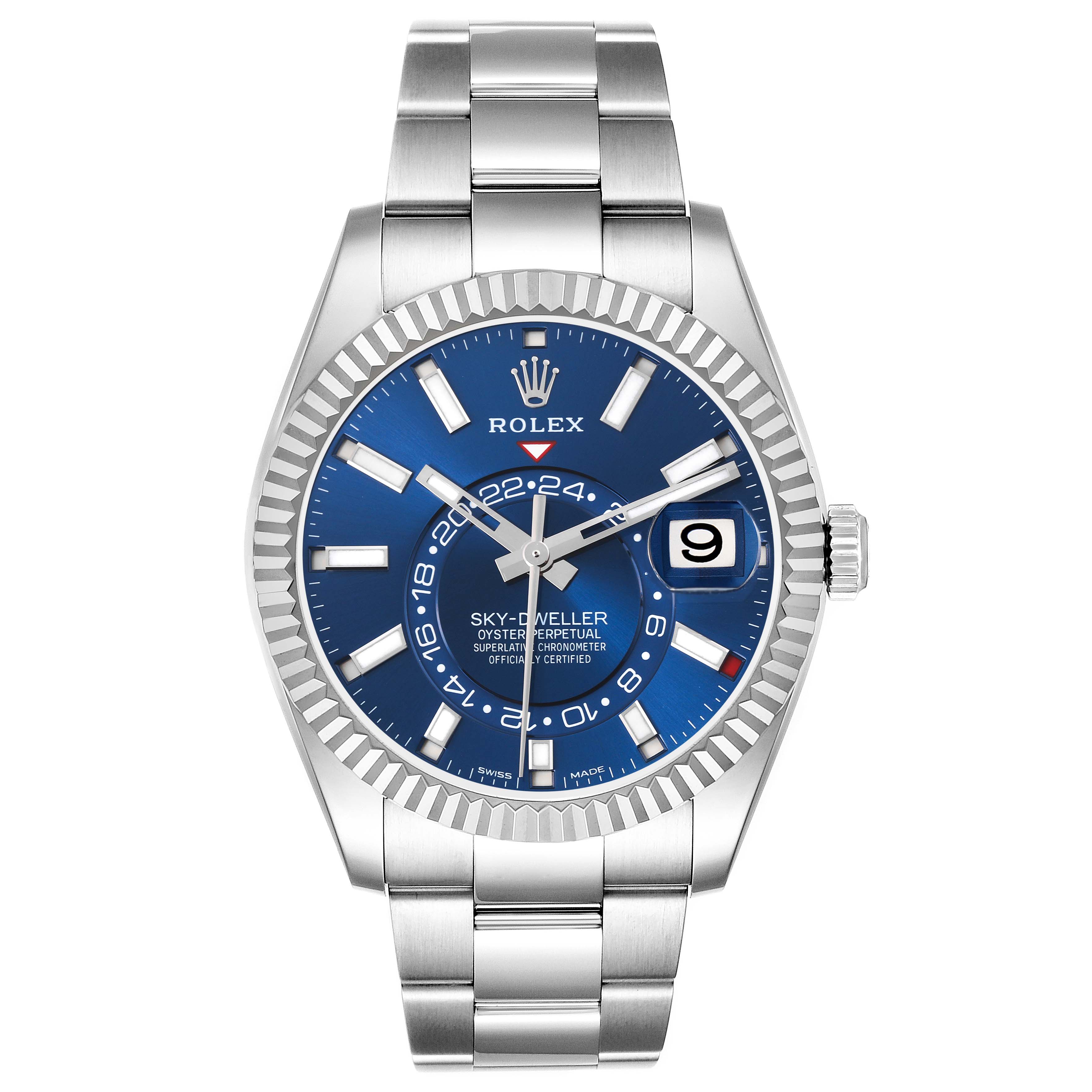The Rolex Sky-Dweller 326934 Men's Stainless Steel Blue Dial 326934 Men's Stainless Steel Blue Dial is shown from the front, highlighting the blue dial, steel bracelet, and date display.