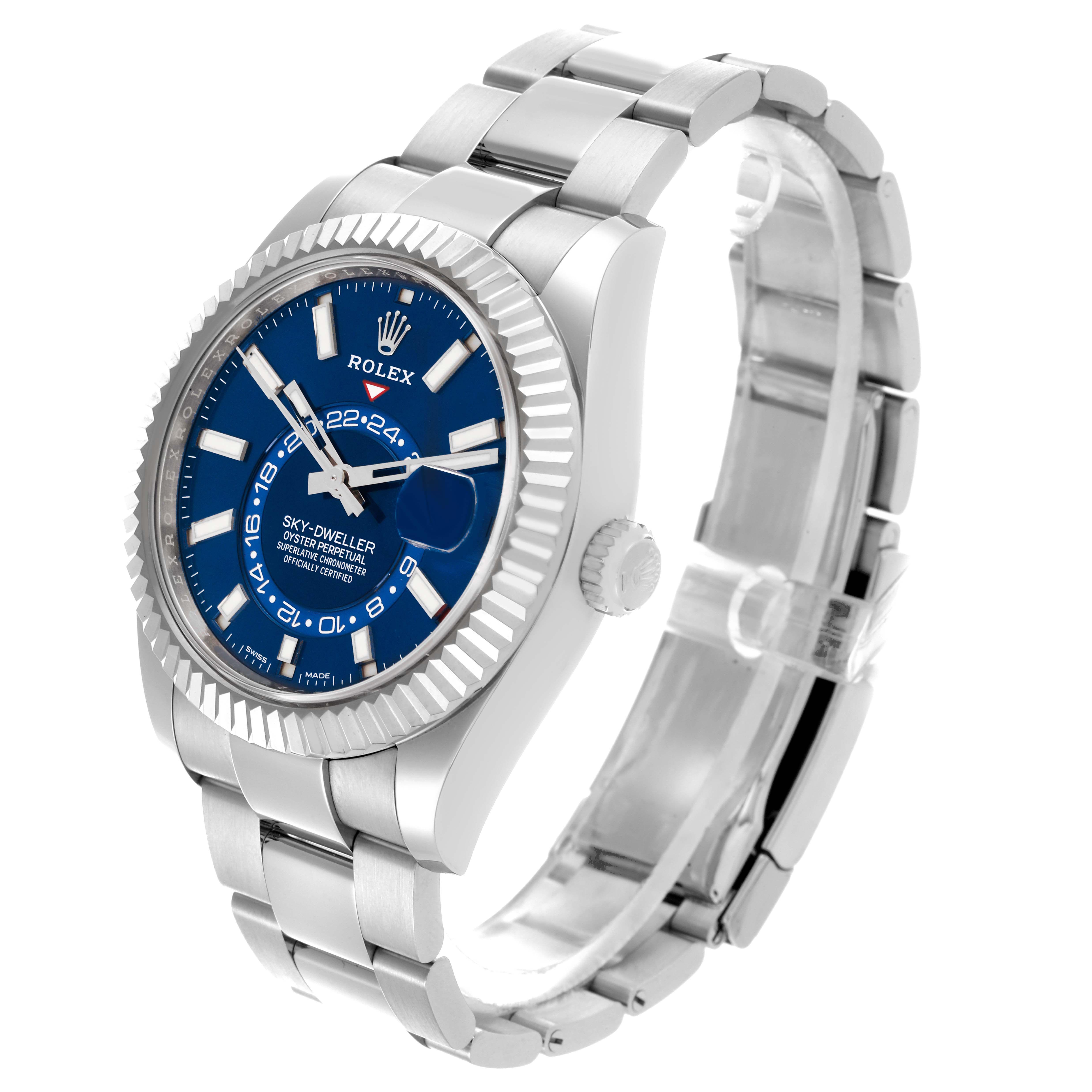 The Rolex Sky-Dweller 326934 Men's Stainless Steel Blue Dial 326934 Men's Stainless Steel Blue Dial watch is shown at a three-quarter angle, highlighting the dial, bezel, crown, and bracelet.