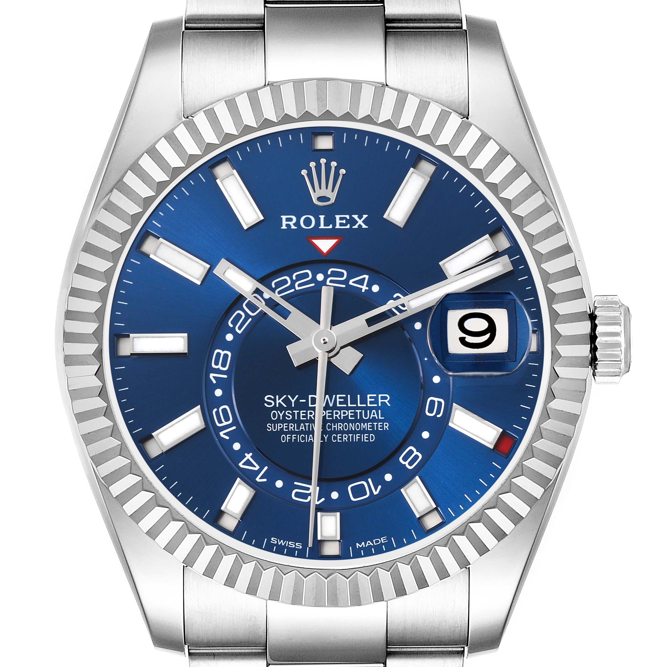 The Rolex Sky-Dweller 326934 Men's Stainless Steel Blue Dial 326934 Men's Stainless Steel Blue Dial watch is shown from the front, displaying the dial, bezel, and date window.