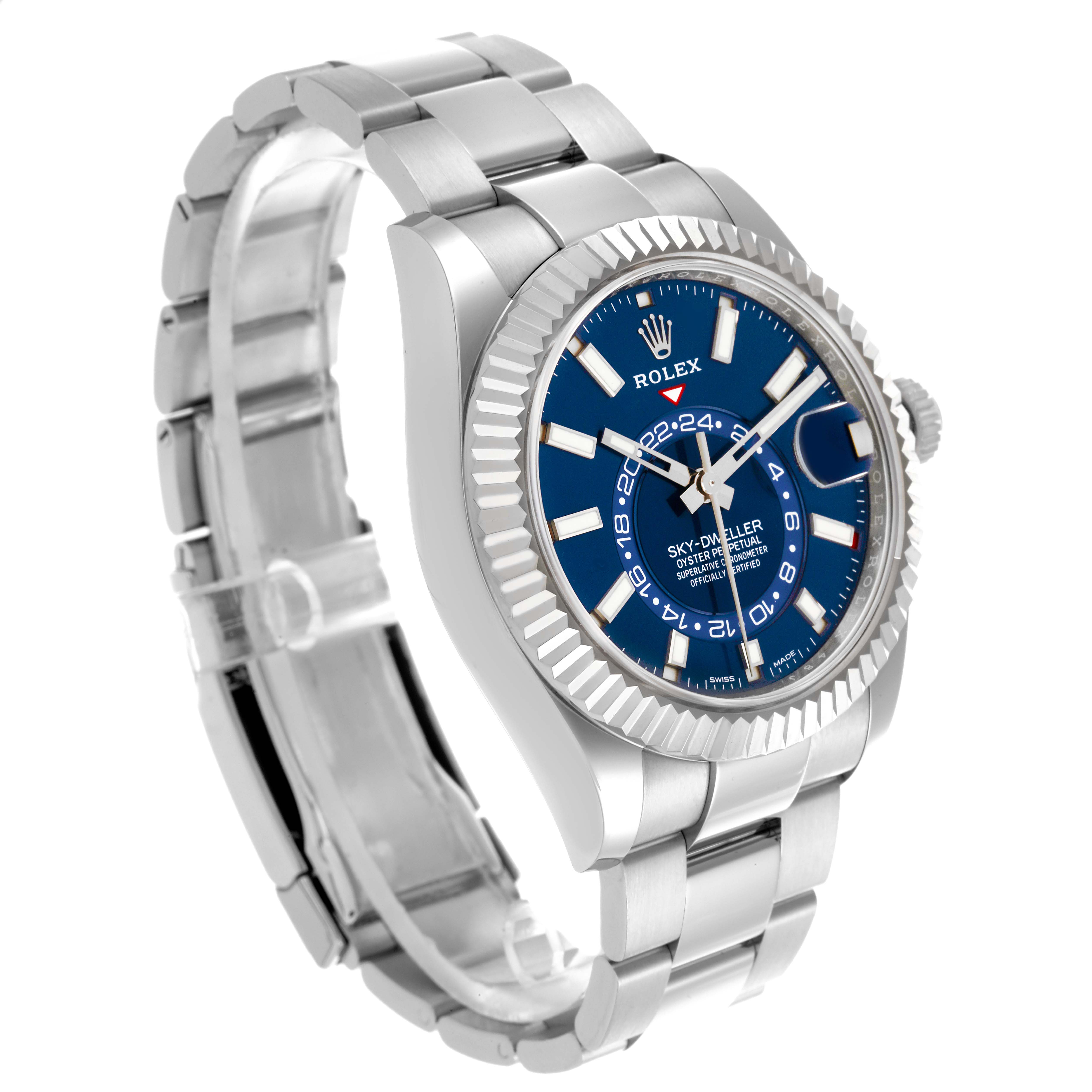 The Rolex Sky-Dweller 326934 Men's Stainless Steel Blue Dial 326934 Men's Stainless Steel Blue Dial is shown at a three-quarter angle, highlighting the face, bezel, and bracelet.