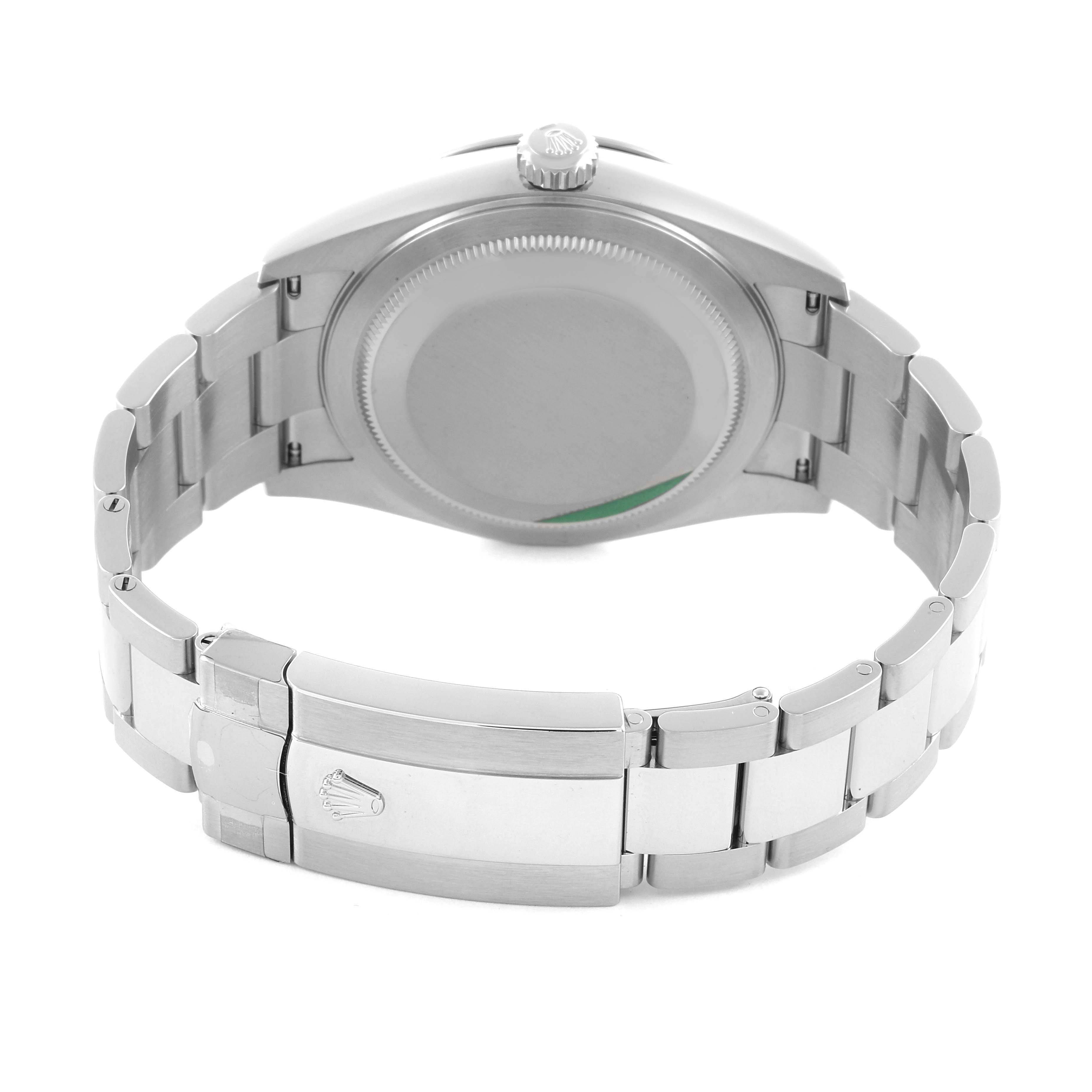 The Rolex Sky-Dweller 326934 Men's Stainless Steel Blue Dial 326934 Men's Stainless Steel Blue Dial is shown from the back, displaying the closed clasp and bracelet.