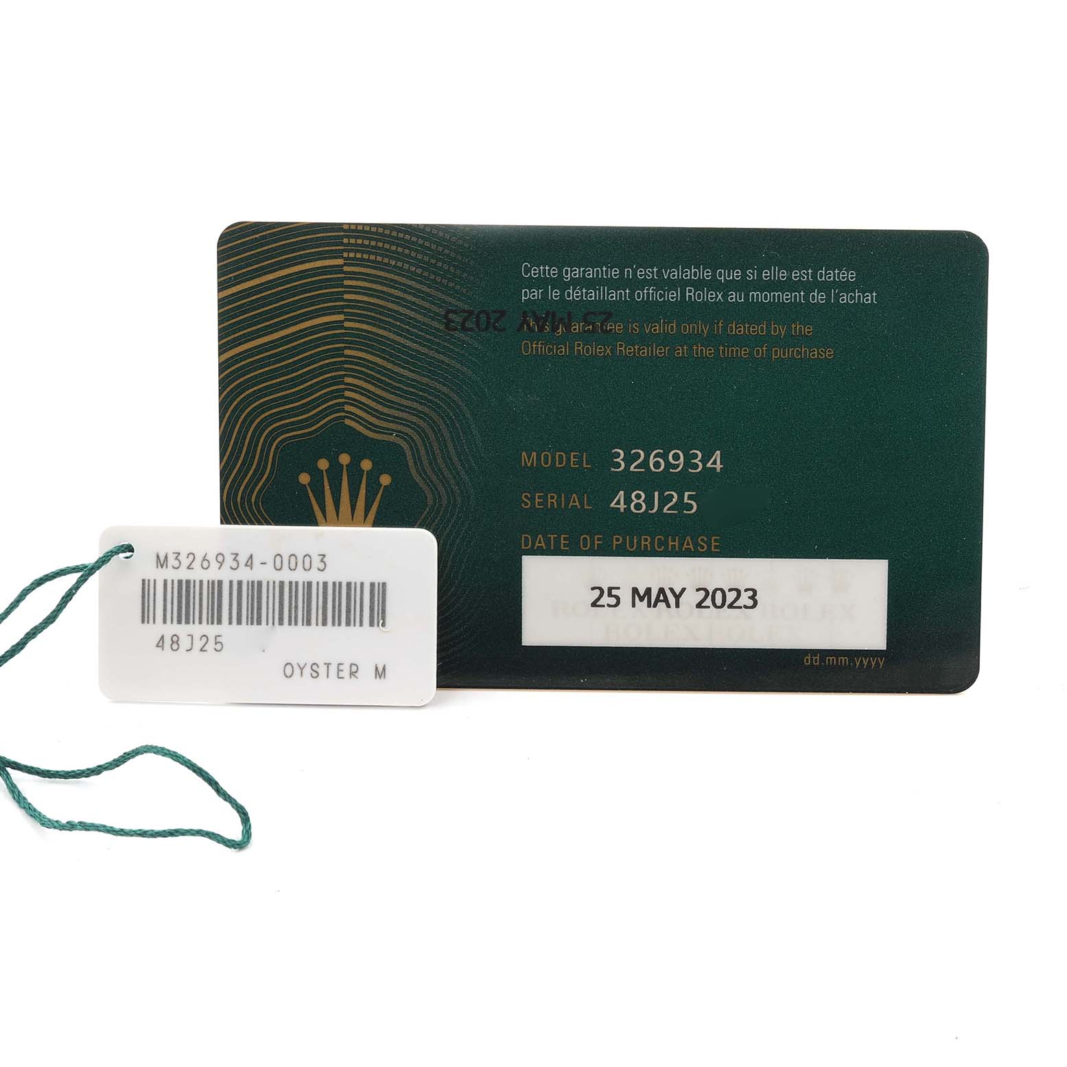 The image shows the warranty card for the Rolex Sky-Dweller 326934 Men's Stainless Steel Blue Dial 326934 Men's Stainless Steel Blue Dial, displaying model and serial numbers and the purchase date.