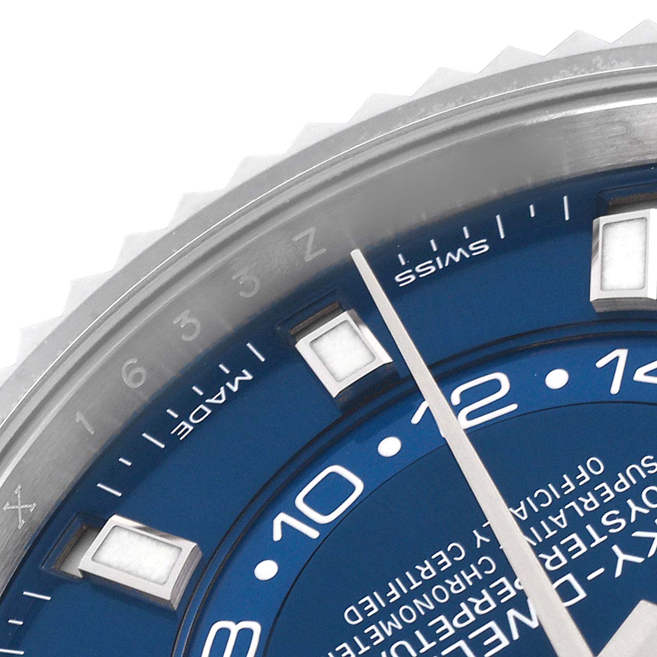 The image shows a close-up of the blue dial and bezel of the Rolex Sky-Dweller 326934 Men's Stainless Steel Blue Dial 326934 Men's Stainless Steel Blue Dial.