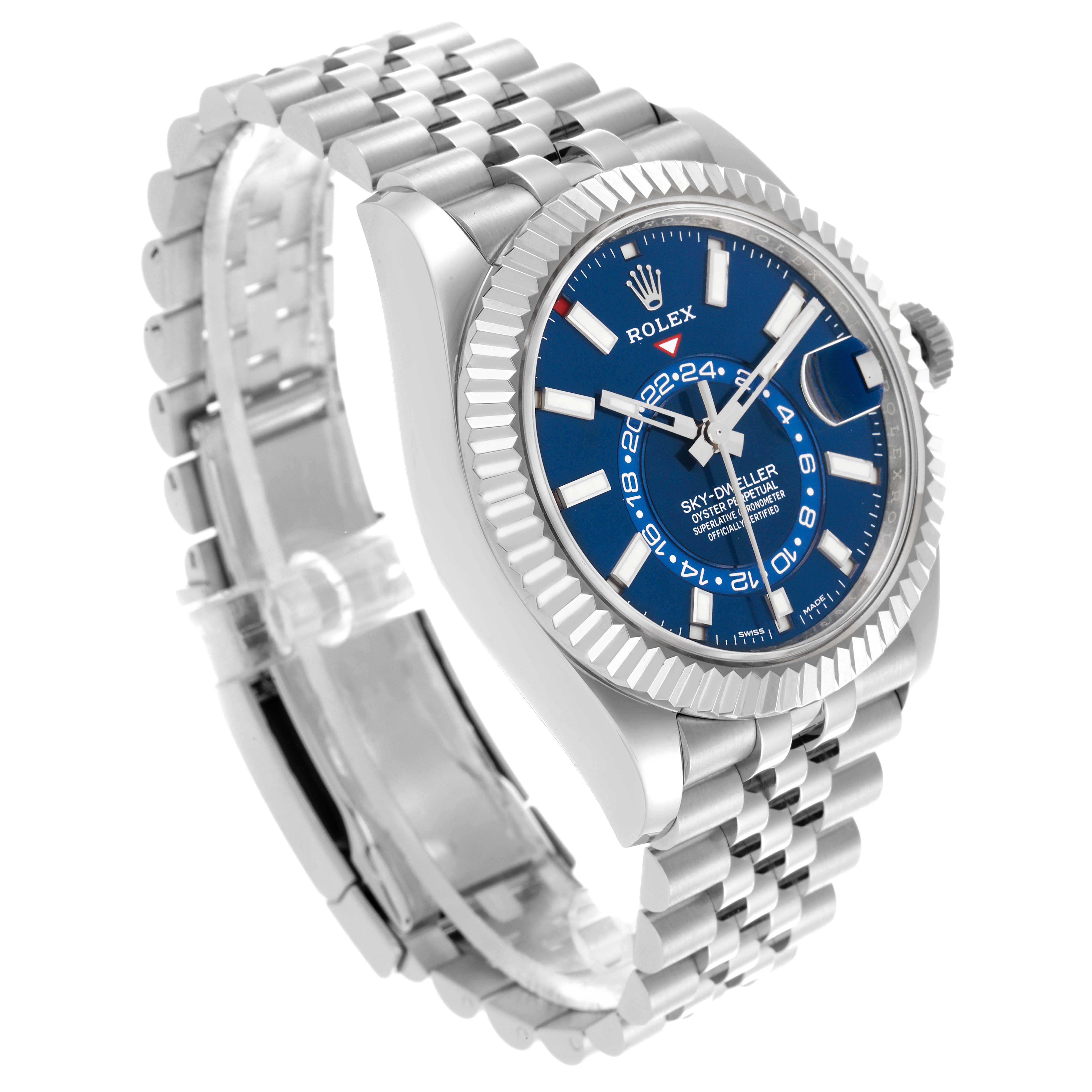 The Rolex Sky-Dweller 326934 Men's Stainless Steel Blue Dial 326934 Men's Stainless Steel Blue Dial is shown at an angled side view, displaying the face, bezel, crown, and metal bracelet.