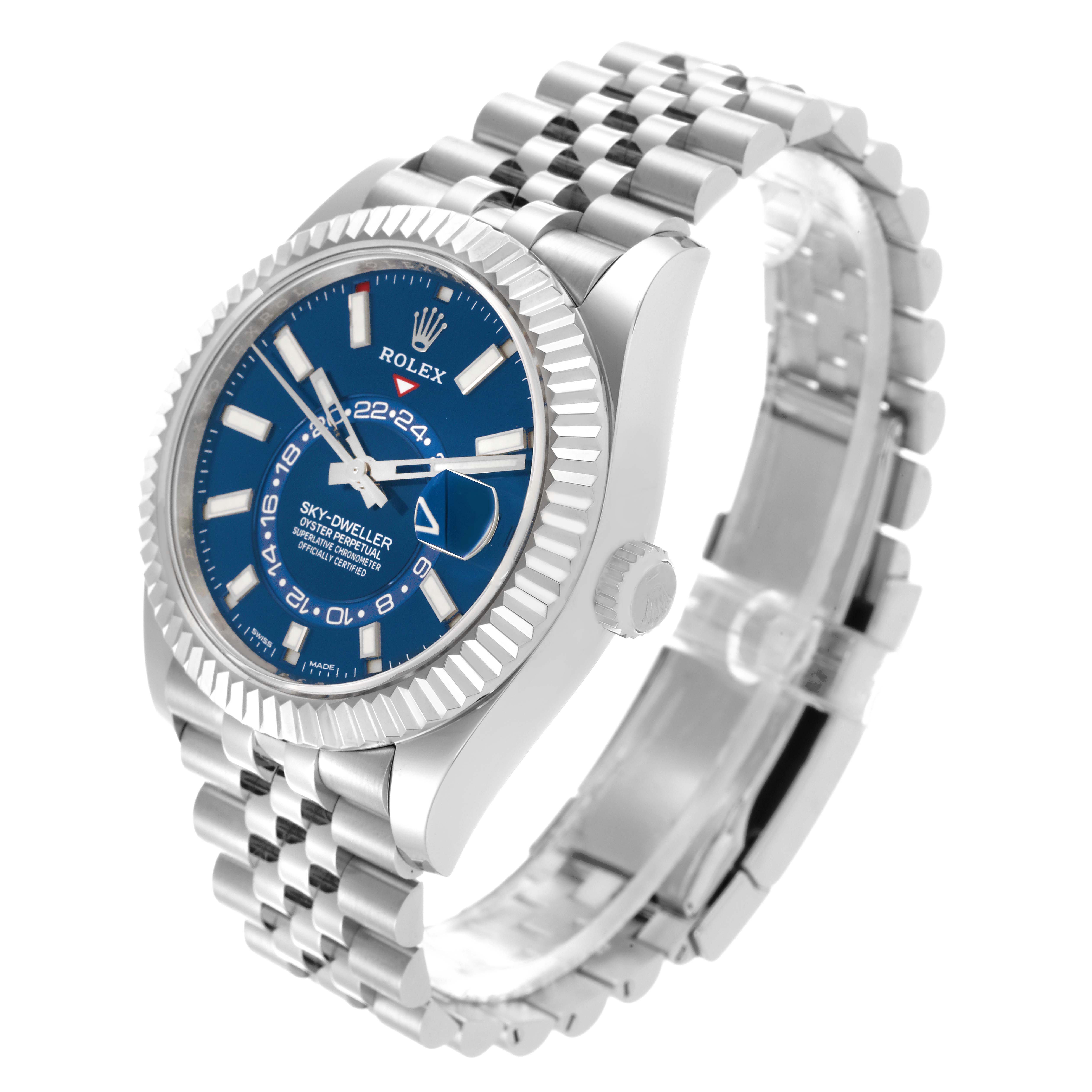 The Rolex Sky-Dweller 326934 Men's Stainless Steel Blue Dial 326934 Men's Stainless Steel Blue Dial is shown at a three-quarter angle, highlighting the dial, bezel, and bracelet.