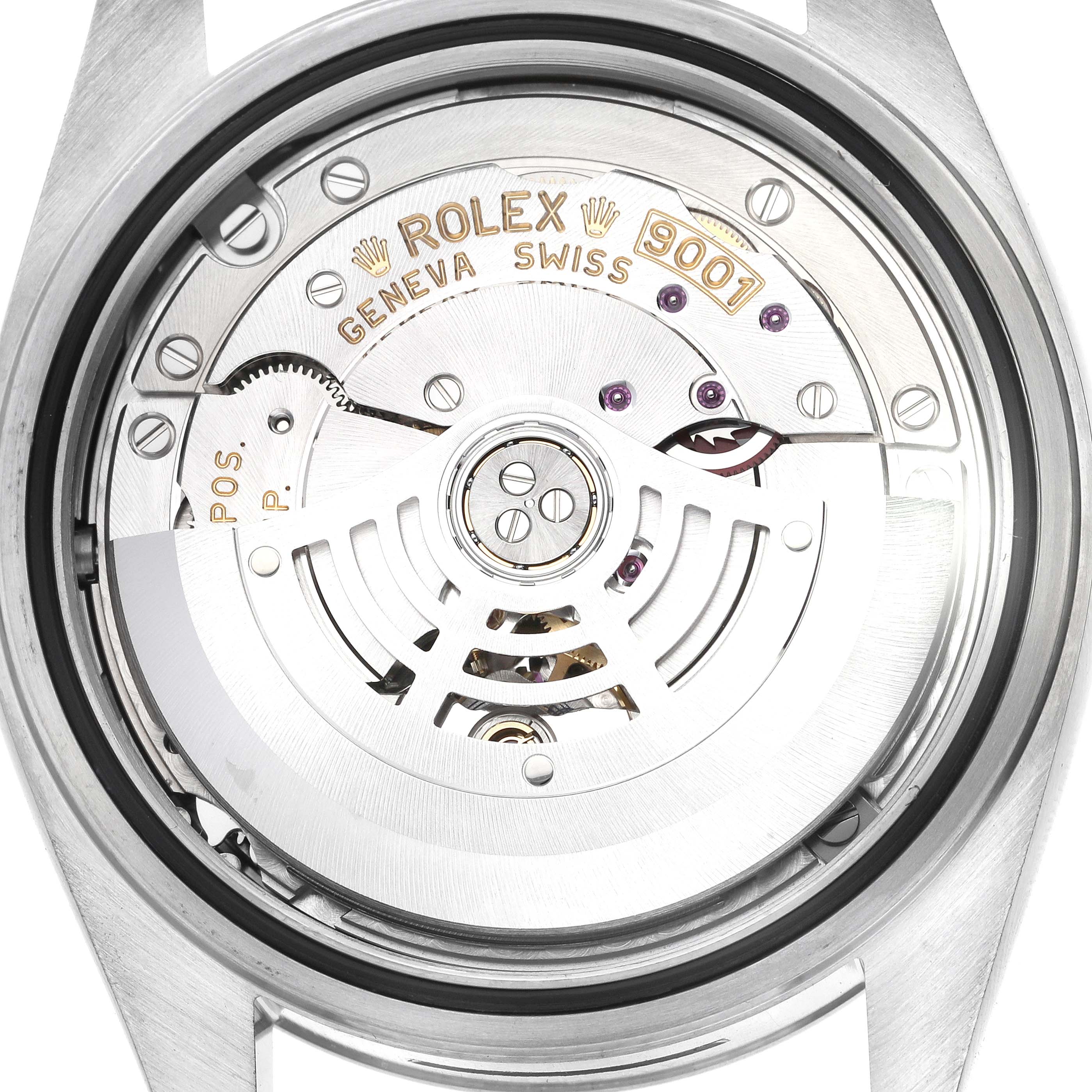 The image shows the back view of a Rolex Sky-Dweller 326934 Men's Stainless Steel Blue Dial 326934 Men's Stainless Steel Blue Dial, highlighting the movement and internal mechanisms.