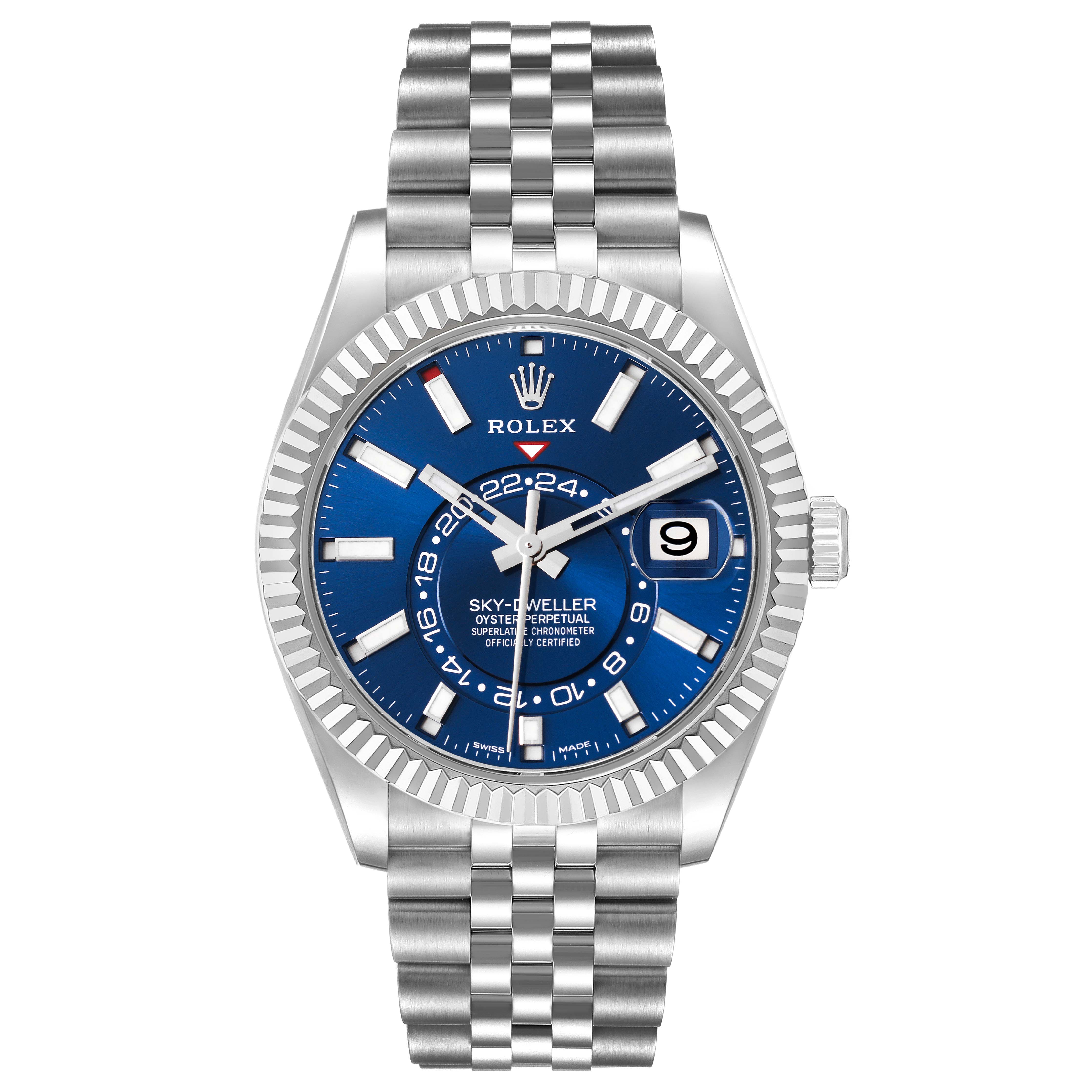 The Rolex Sky-Dweller 326934 Men's Stainless Steel Blue Dial 326934 Men's Stainless Steel Blue Dial watch is shown from a front angle, displaying the face, bezel, and bracelet.