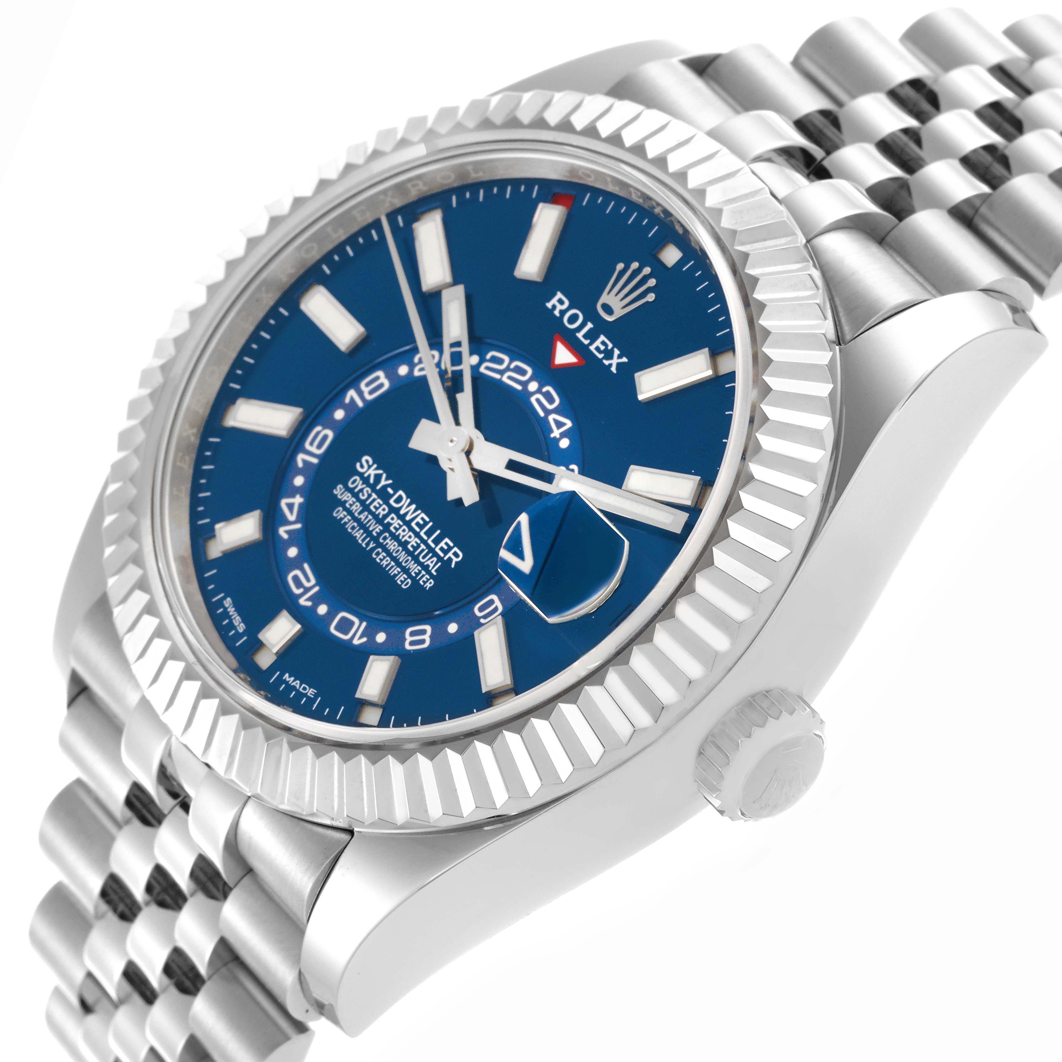 The Rolex Sky-Dweller 326934 Men's Stainless Steel Blue Dial 326934 Men's Stainless Steel Blue Dial is shown at an angled view, highlighting the blue dial, bezel, and Jubilee bracelet.