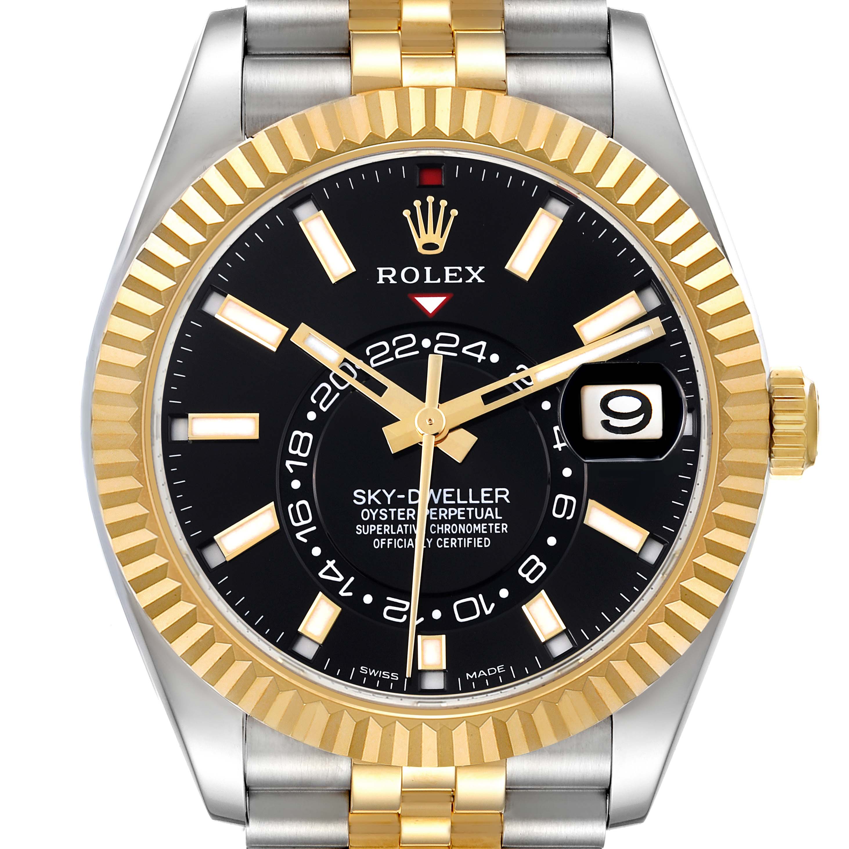 The Rolex Sky-Dweller 326933 Men's Steel and Gold (two tone) Black Dial 326933 Men's Steel and Gold (two tone) Black Dial watch is shown from a top view, highlighting its face, bezel, and part of the bracelet.