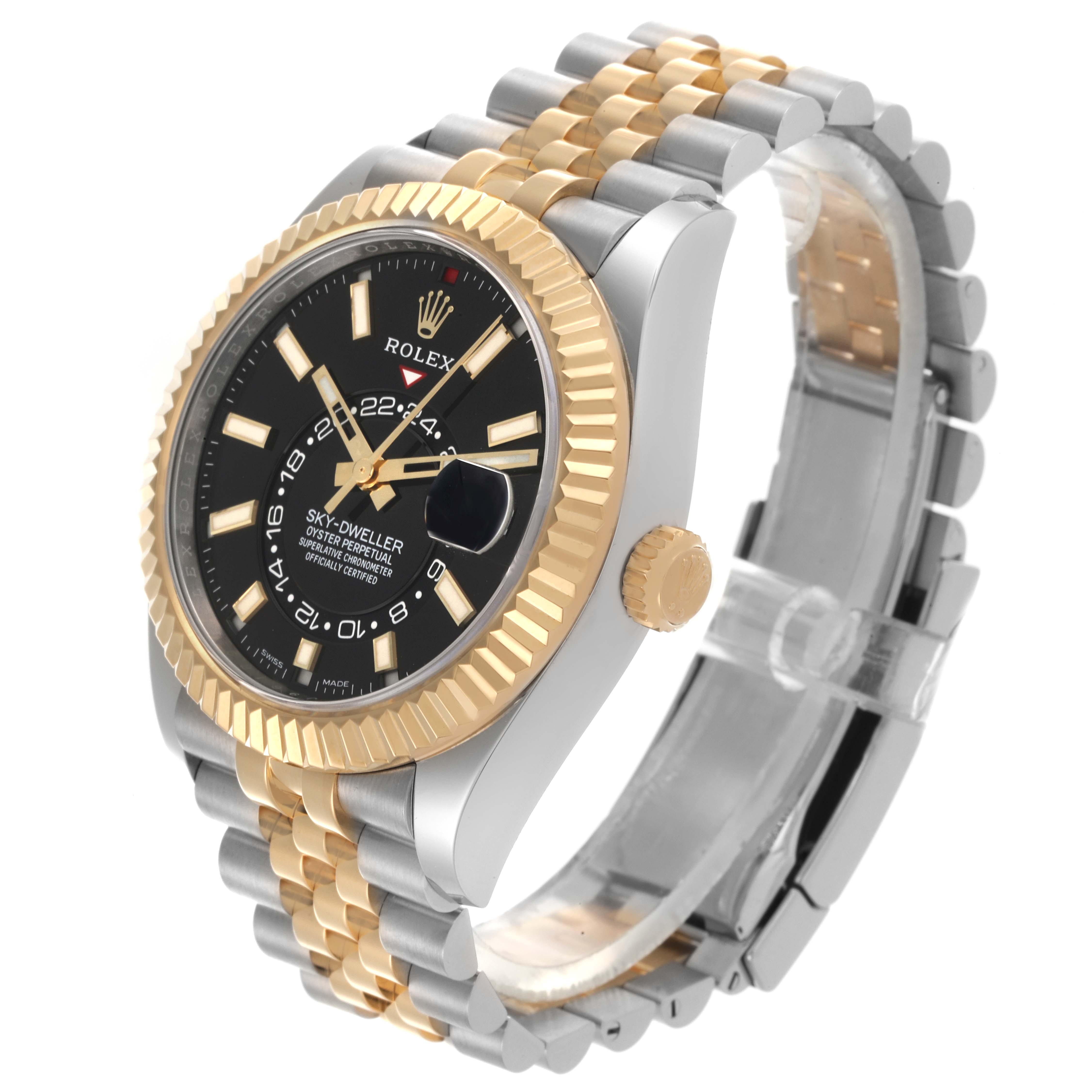The Rolex Sky-Dweller 326933 Men's Steel and Gold (two tone) Black Dial 326933 Men's Steel and Gold (two tone) Black Dial watch is shown at a slight side angle, highlighting the gold bezel, black dial, and two-tone bracelet.