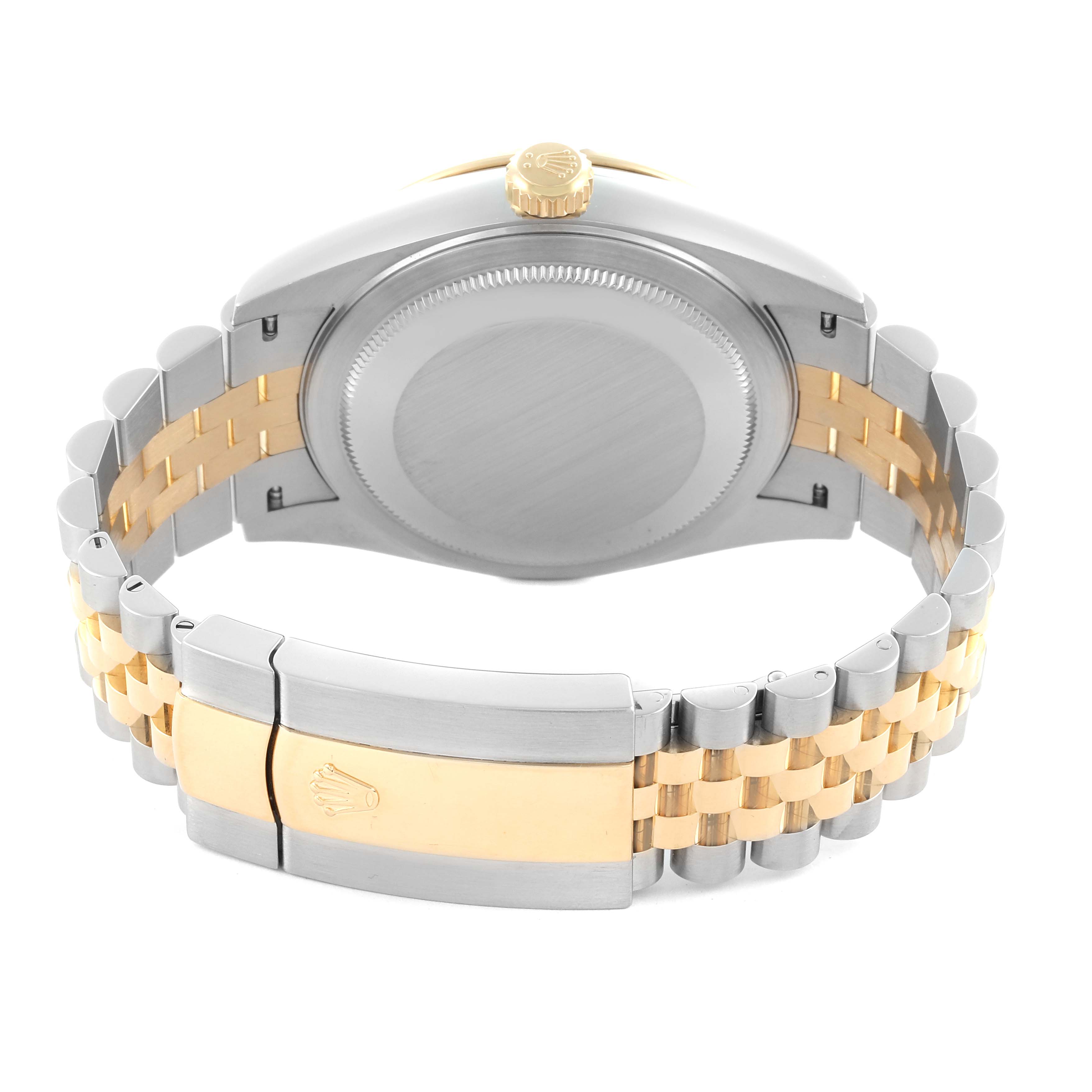 The image shows the back and bracelet of a Rolex Sky-Dweller 326933 Men's Steel and Gold (two tone) Black Dial 326933 Men's Steel and Gold (two tone) Black Dial, highlighting the case back, crown, and two-tone bracelet.