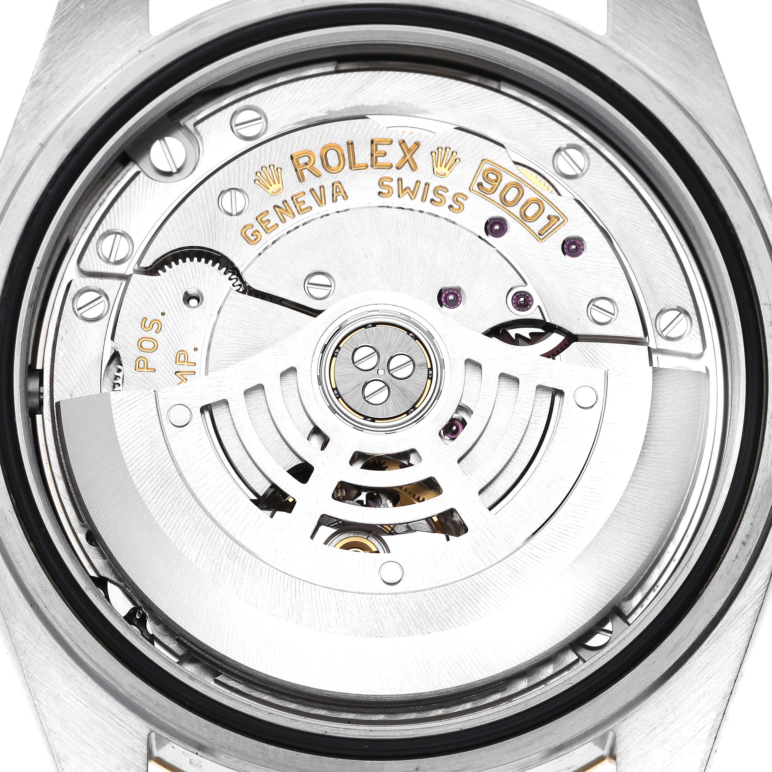 The image shows the movement mechanism of the Rolex Sky-Dweller 326933 Men's Steel and Gold (two tone) Black Dial 326933 Men's Steel and Gold (two tone) Black Dial, highlighting the rotor and internal components.