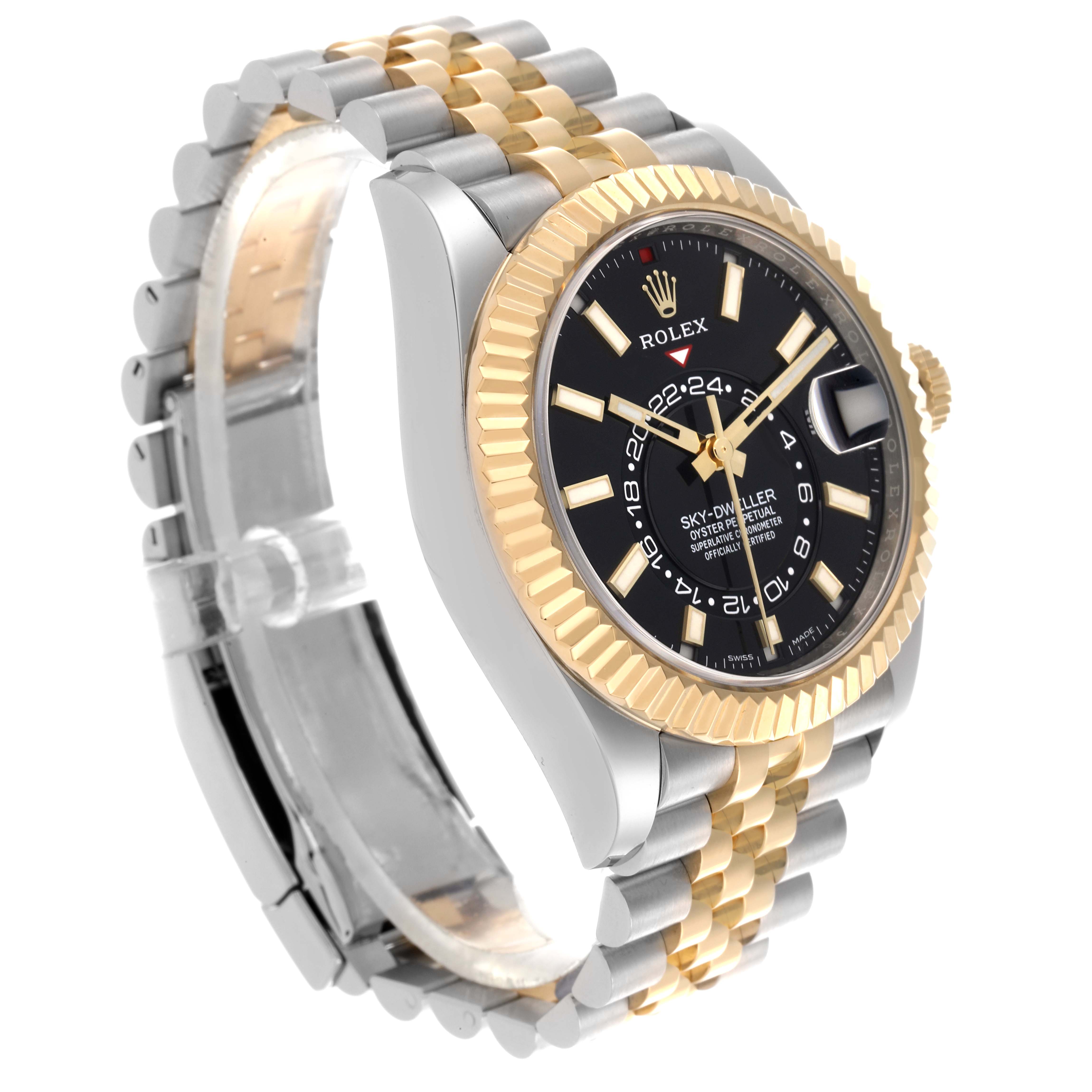 The Rolex Sky-Dweller 326933 Men's Steel and Gold (two tone) Black Dial 326933 Men's Steel and Gold (two tone) Black Dial is shown at an angled side view, displaying the gold bezel, black dial, and two-tone bracelet.