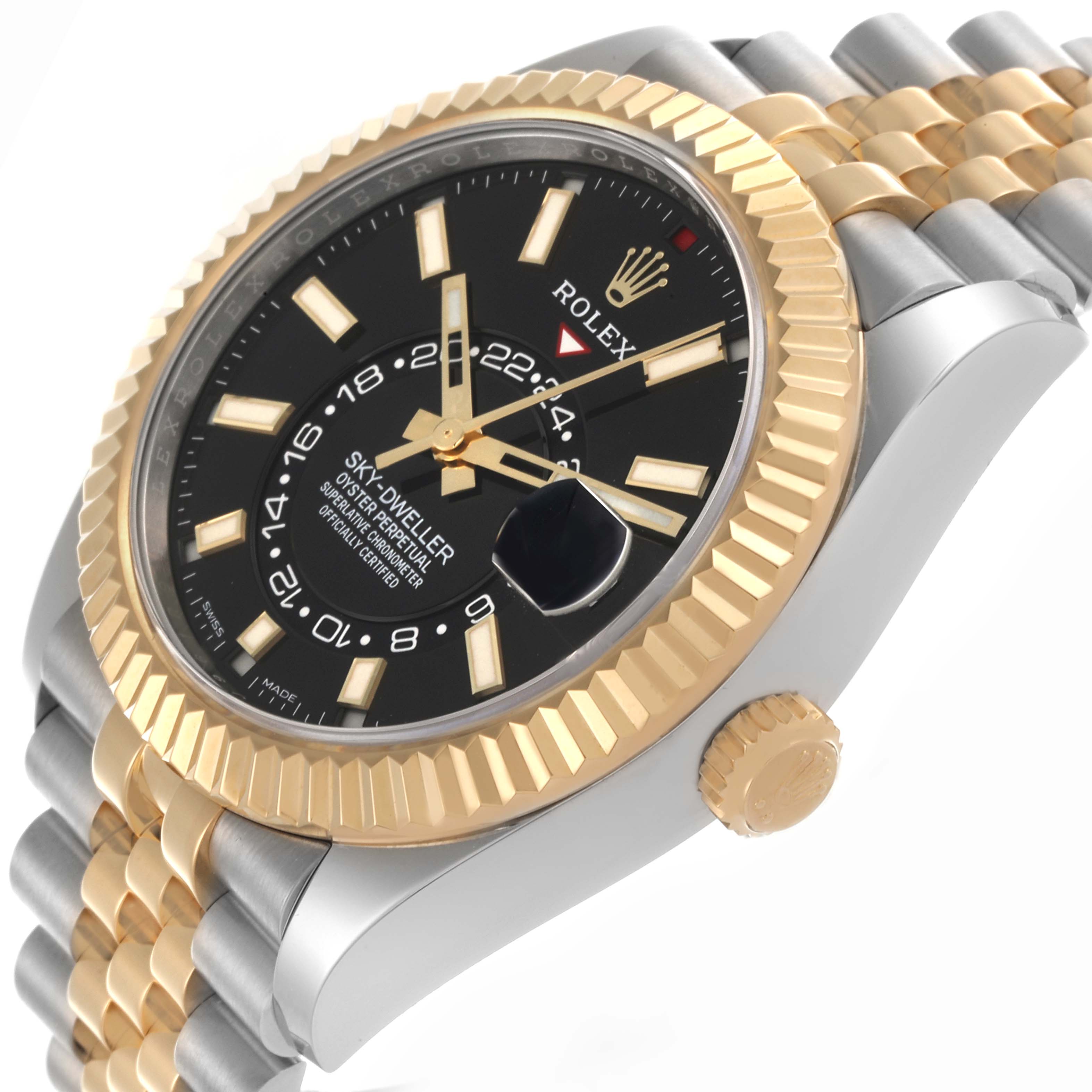 The Rolex Sky-Dweller 326933 Men's Steel and Gold (two tone) Black Dial 326933 Men's Steel and Gold (two tone) Black Dial watch is shown at a slight angle, highlighting the case, bezel, dial, and partial bracelet.