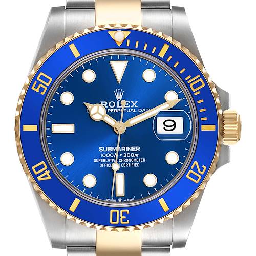 The Rolex Submariner watch is shown from the front, highlighting the blue dial, gold bezel, and stainless steel bracelet.