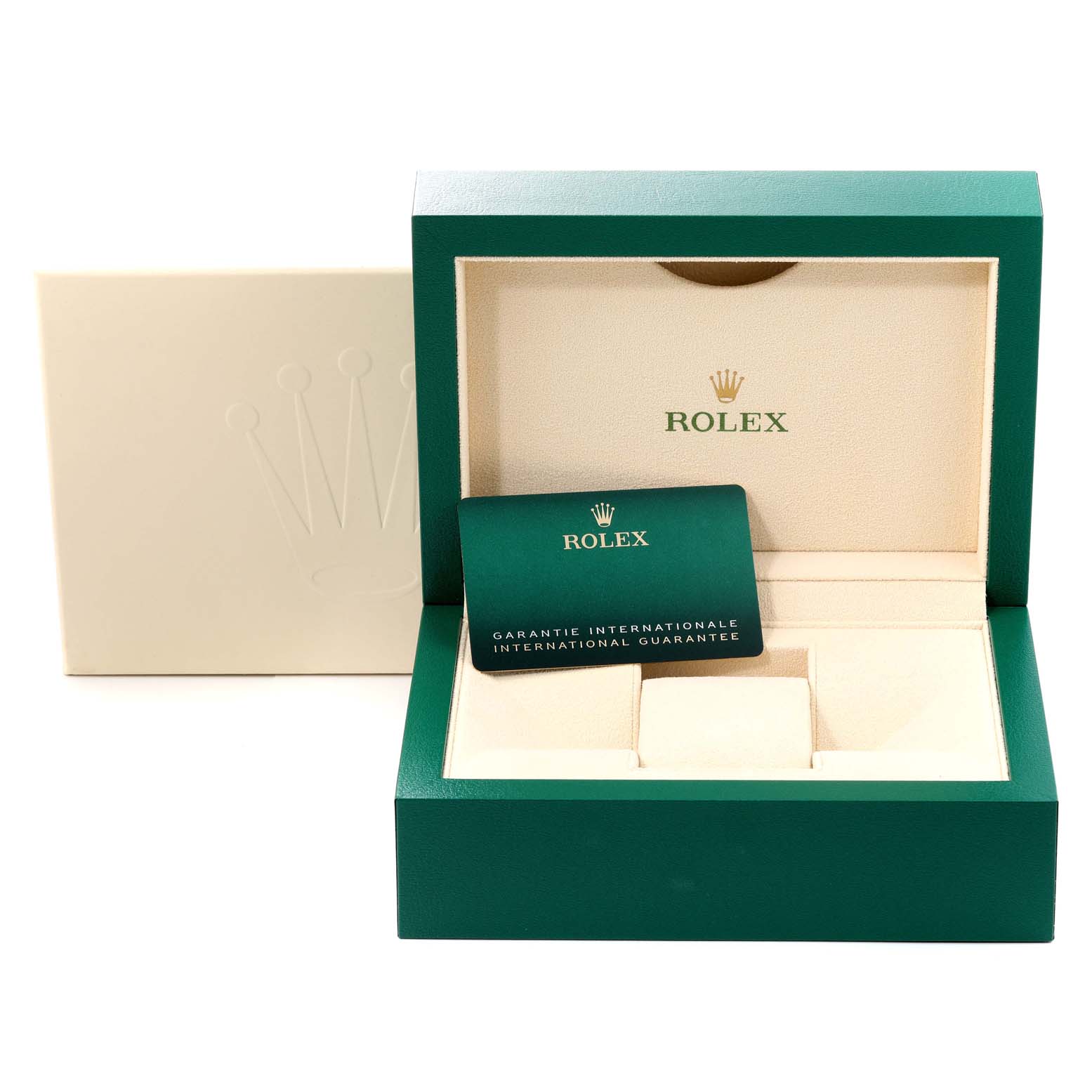The image shows the open box and warranty card for a Rolex Submariner 126610LN Men
s Stainless Steel Black Dial 126610LN Men
s Stainless Steel Black Dial watch, with the box viewed from the front.