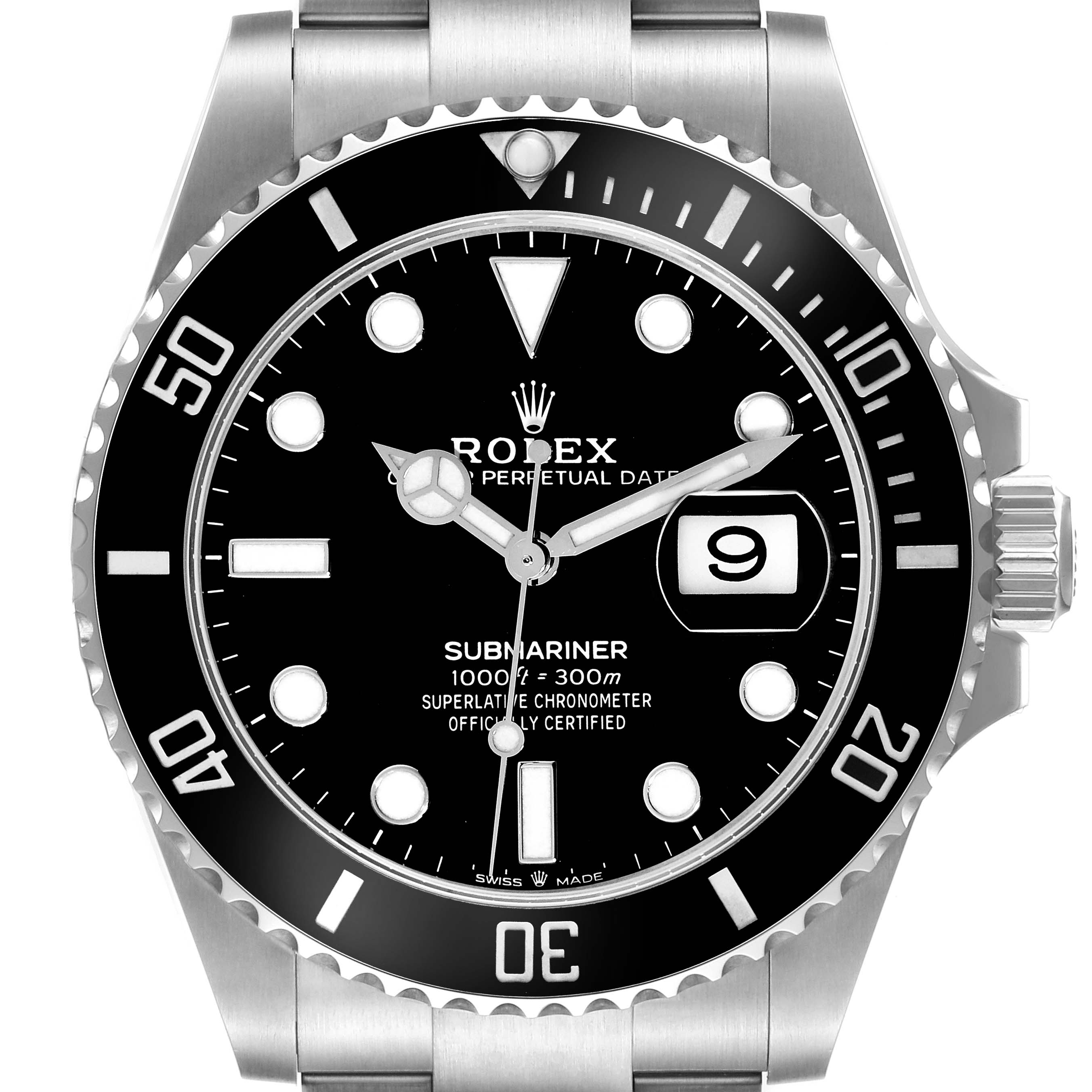 This image shows a front view of a Rolex Submariner 126610LN Men
s Stainless Steel Black Dial 126610LN Men
s Stainless Steel Black Dial watch, highlighting the dial, bezel, and bracelet.