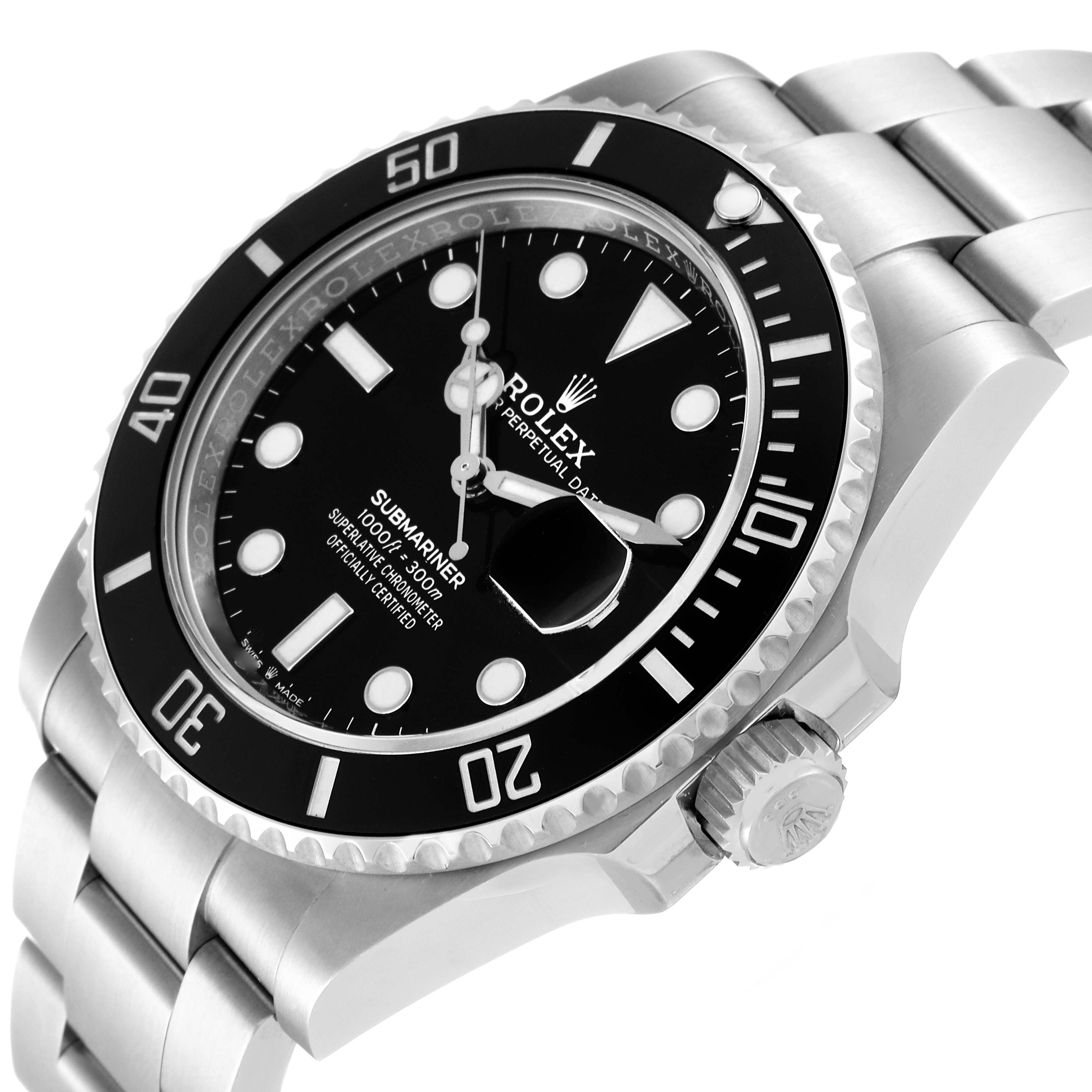 This image shows a close-up angle of the Rolex Submariner 126610LN Men
s Stainless Steel Black Dial 126610LN Men
s Stainless Steel Black Dial watch, highlighting the dial, bezel, crown, and part of the bracelet.