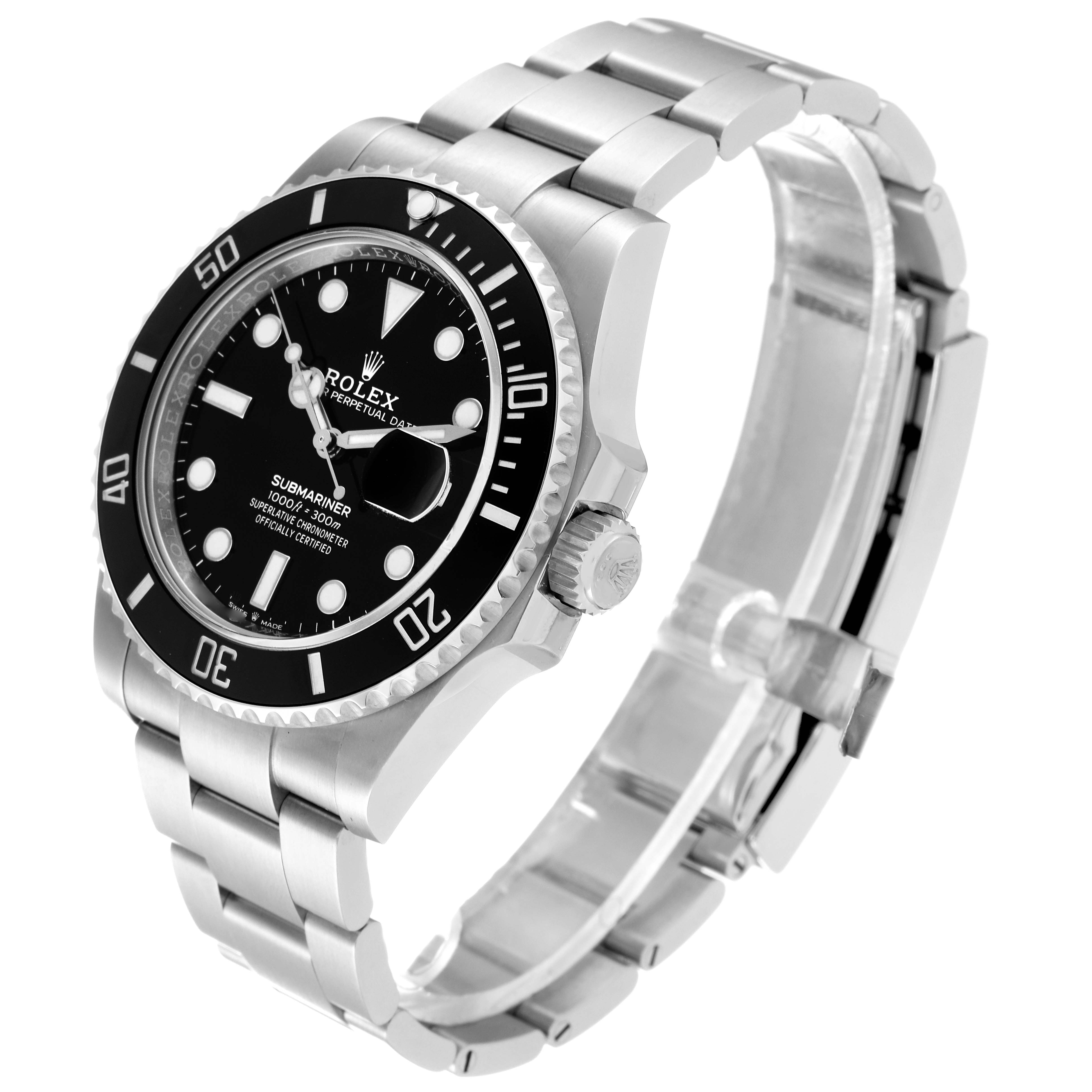The image shows a side view of the Rolex Submariner 126610LN Men
s Stainless Steel Black Dial 126610LN Men
s Stainless Steel Black Dial, displaying its face, bezel, crown, and bracelet.