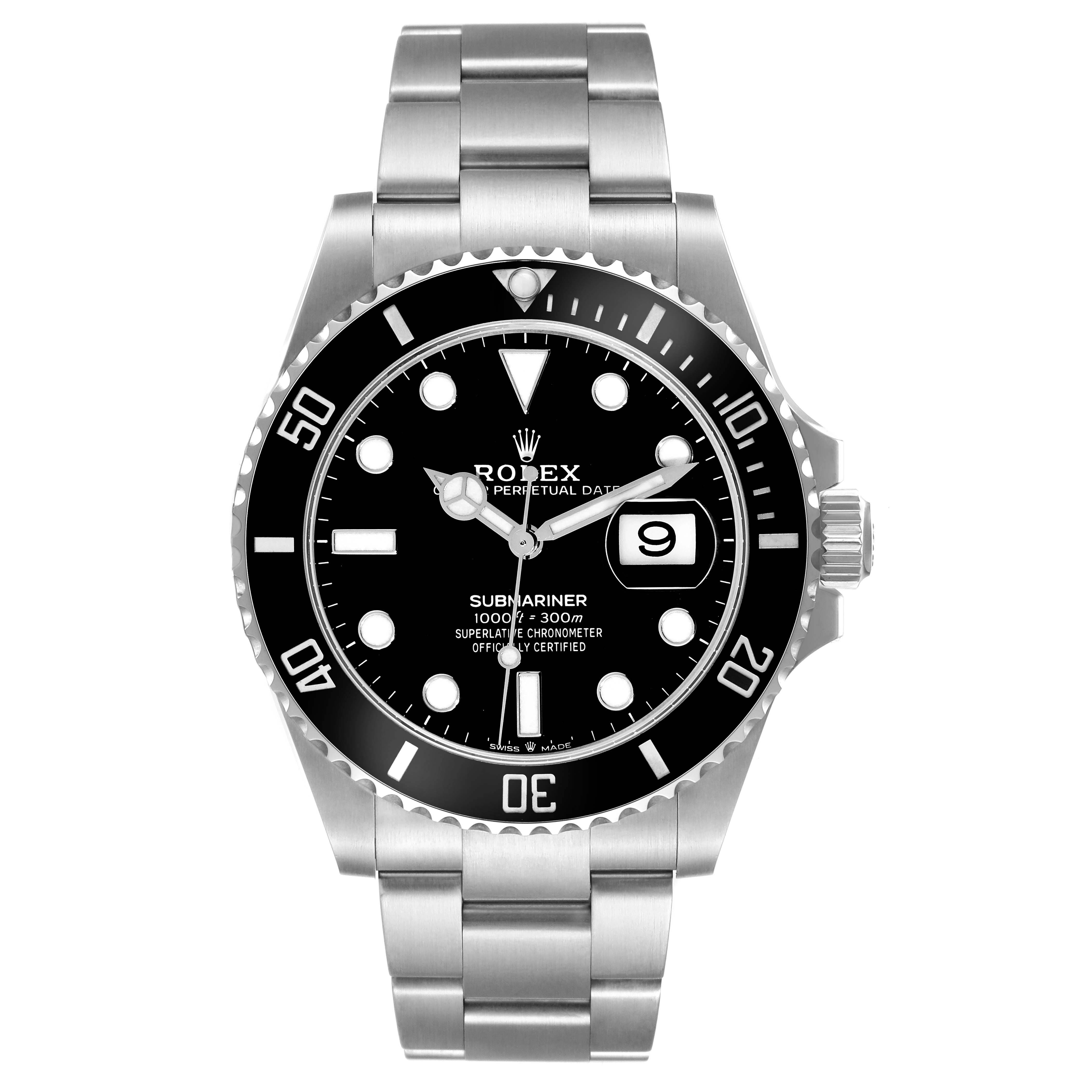 This image shows a front view of a Rolex Submariner 126610LN Men
s Stainless Steel Black Dial 126610LN Men
s Stainless Steel Black Dial watch, including its bezel, dial, and bracelet.