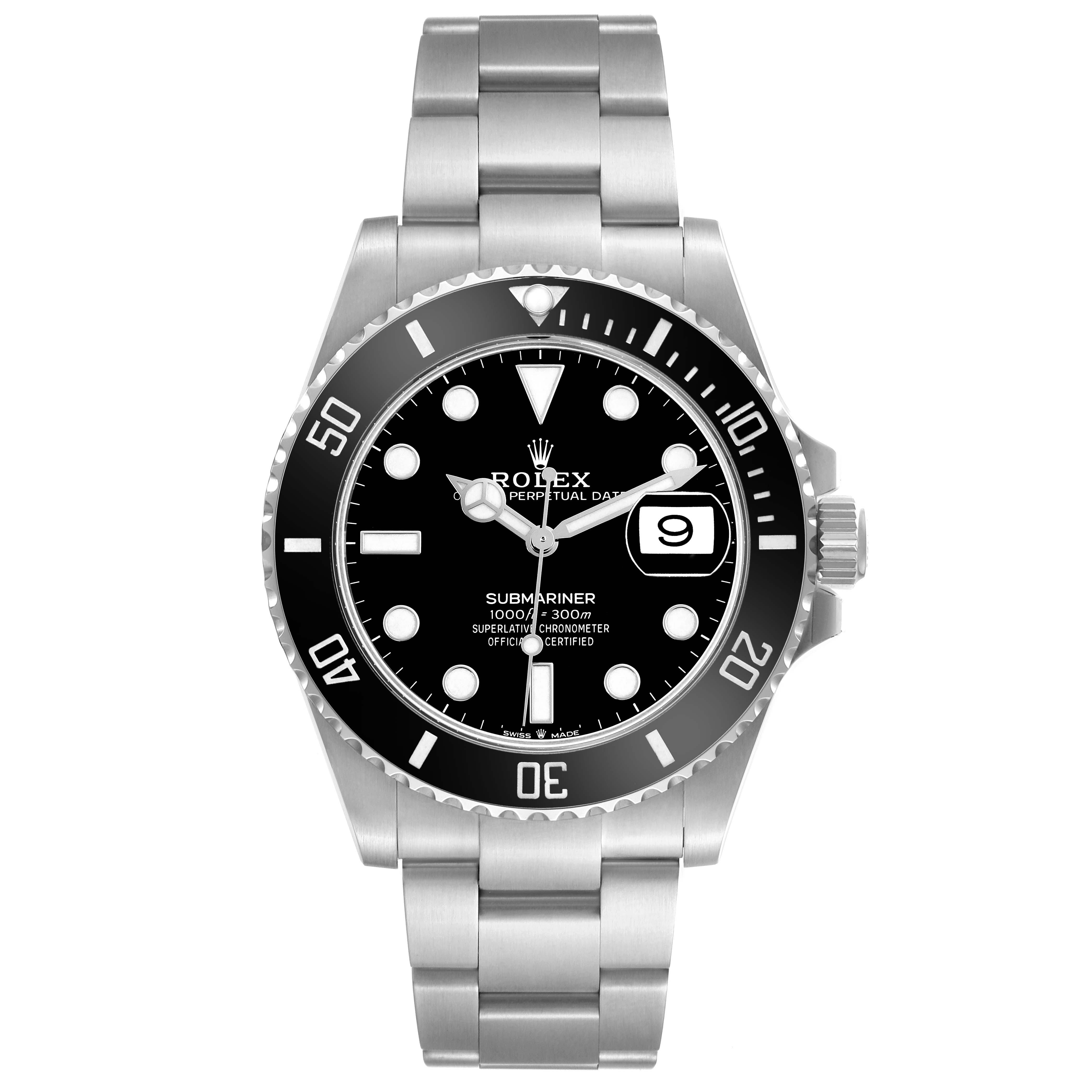 The Rolex Submariner 126610LN Men
s Stainless Steel Black Dial 126610LN Men
s Stainless Steel Black Dial watch is shown from the front, highlighting the dial, bezel, bracelet, and crown.