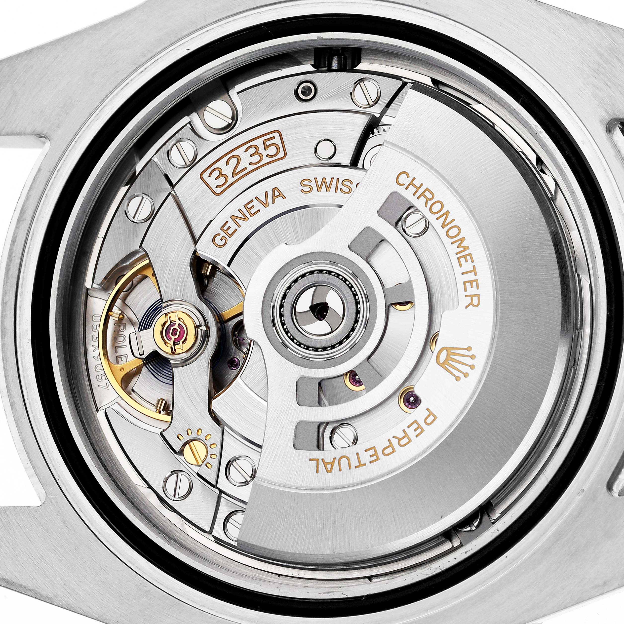 The image shows the movement of a Rolex Submariner 126610LN Men
s Stainless Steel Black Dial 126610LN Men
s Stainless Steel Black Dial watch, focusing on the intricate mechanical parts from a top view.