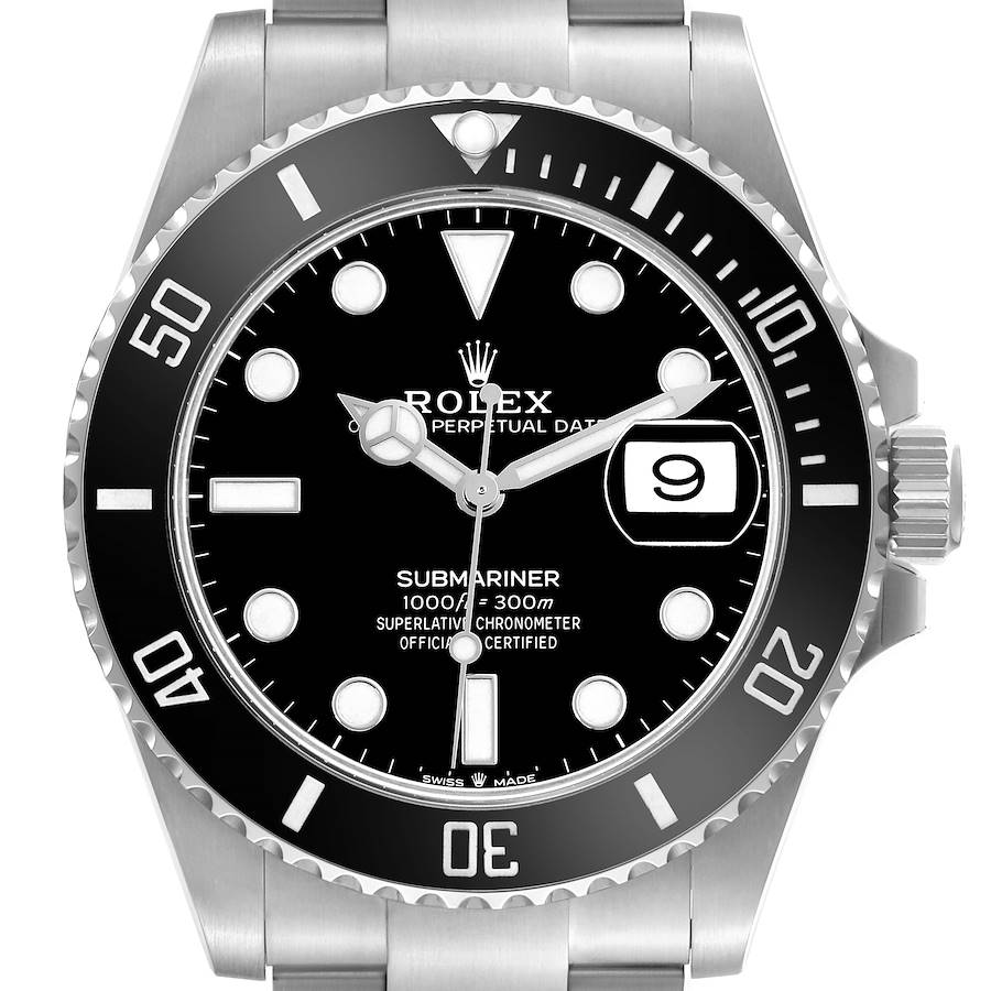 The Rolex Submariner is shown from the front, displaying the dial, bezel, and part of the bracelet.