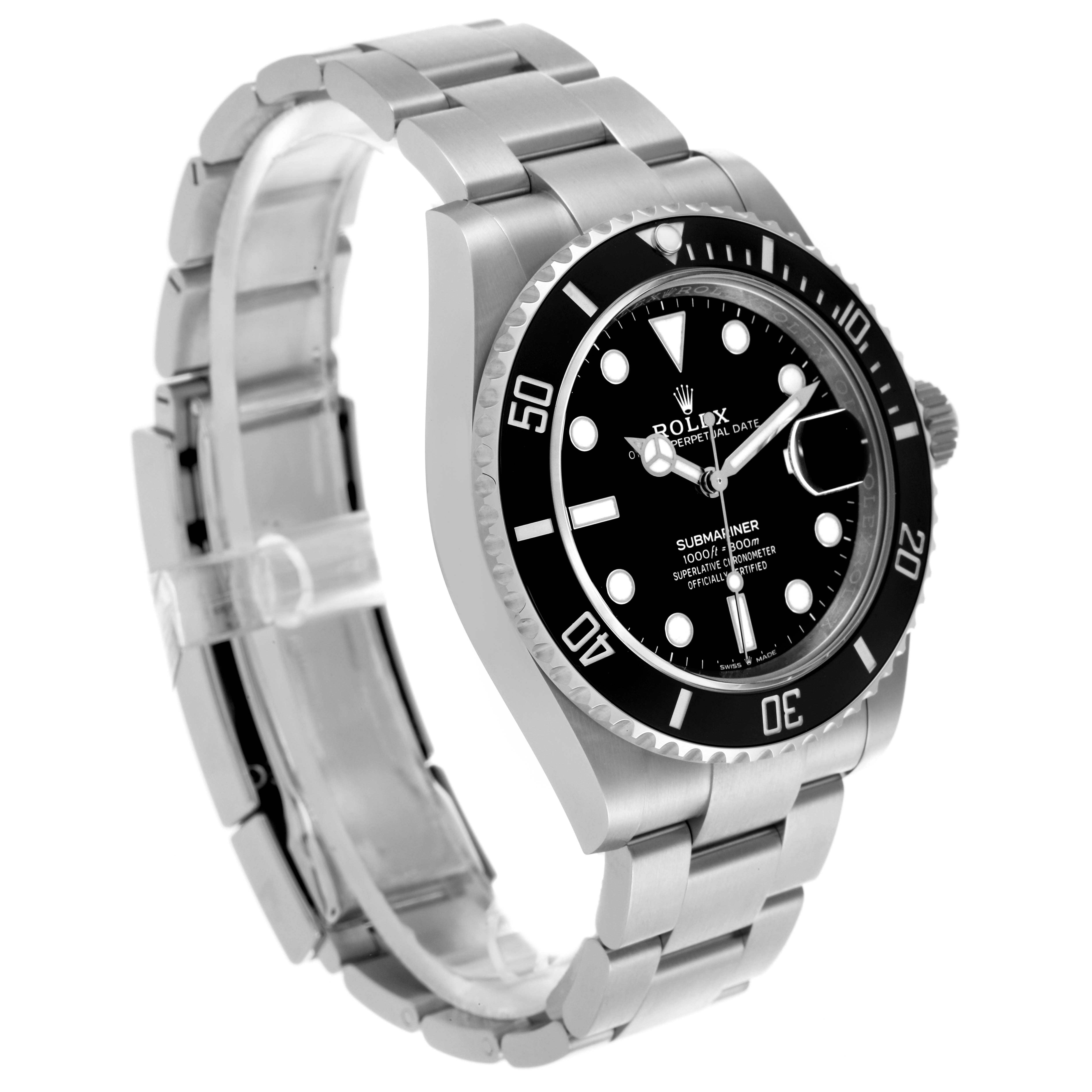 The Rolex Submariner 126610LN Men
s Stainless Steel Black Dial 126610LN Men
s Stainless Steel Black Dial watch is shown from a three-quarter angle, highlighting the face, bezel, crown, and metal bracelet.
