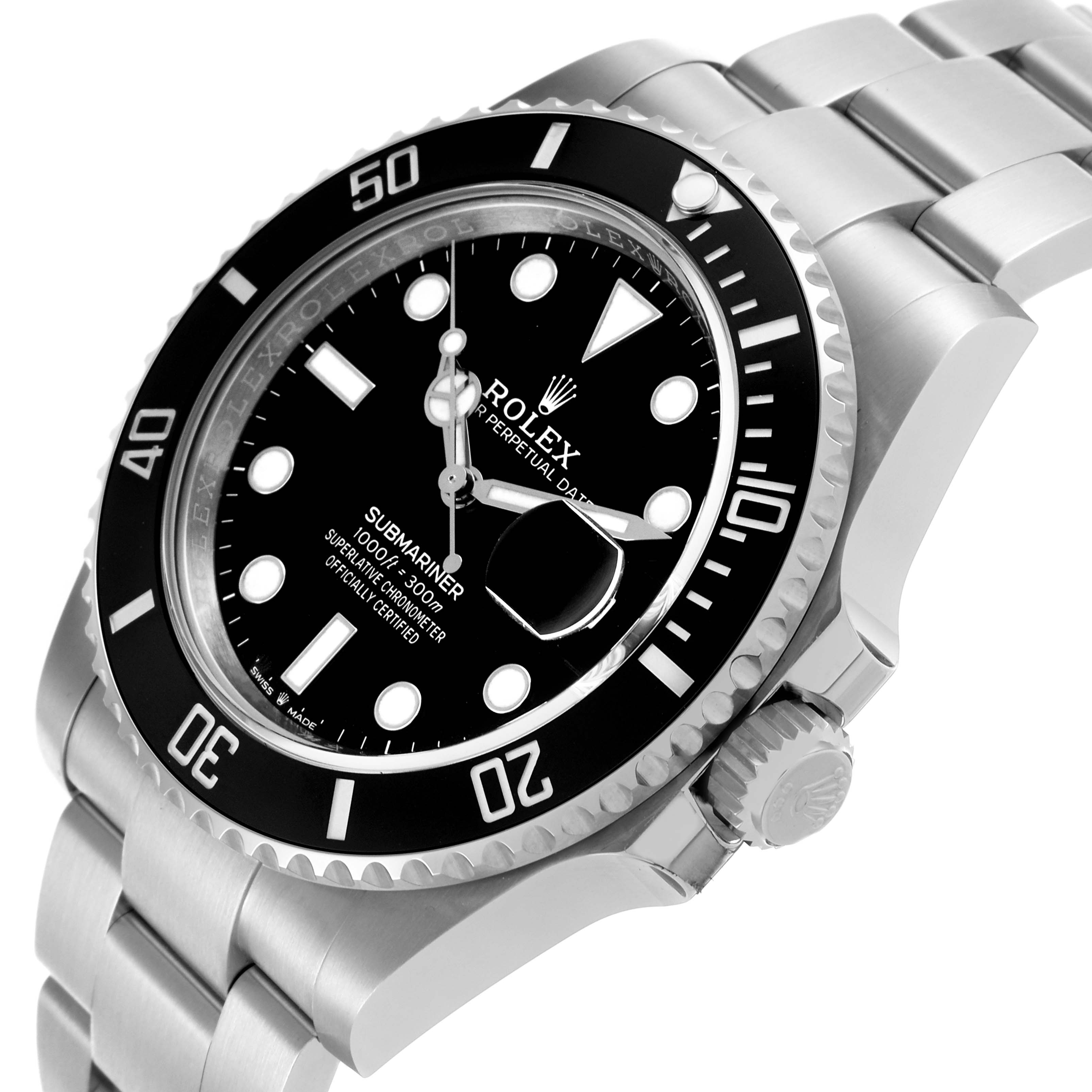 The Rolex Submariner 126610LN Men
s Stainless Steel Black Dial 126610LN Men
s Stainless Steel Black Dial watch is shown at an angle showcasing the face, bezel, crown, and bracelet.