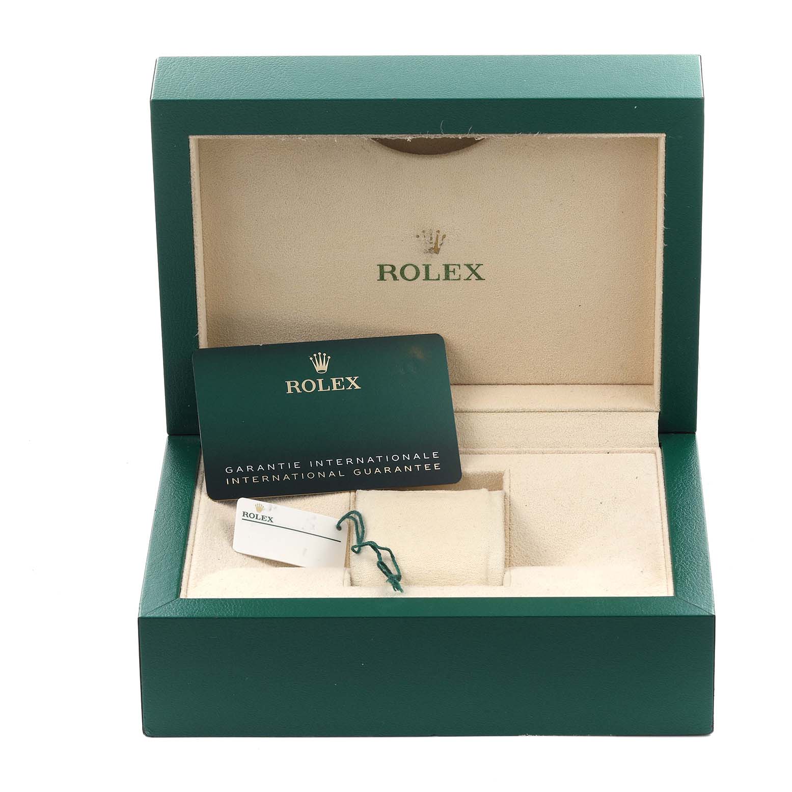 The image shows a Rolex Submariner 126610LN Men
s Stainless Steel Black Dial 126610LN Men
s Stainless Steel Black Dial box, warranty card, and tags from a top-front angle.