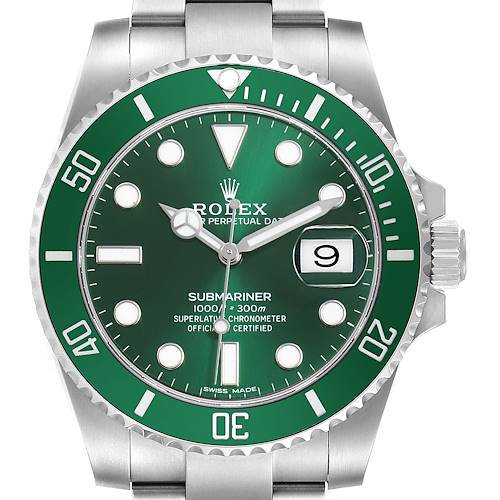 This image shows a front view of the Rolex Submariner 116610LV Men's Stainless Steel Green Dial, highlighting its green dial, bezel, and crown.