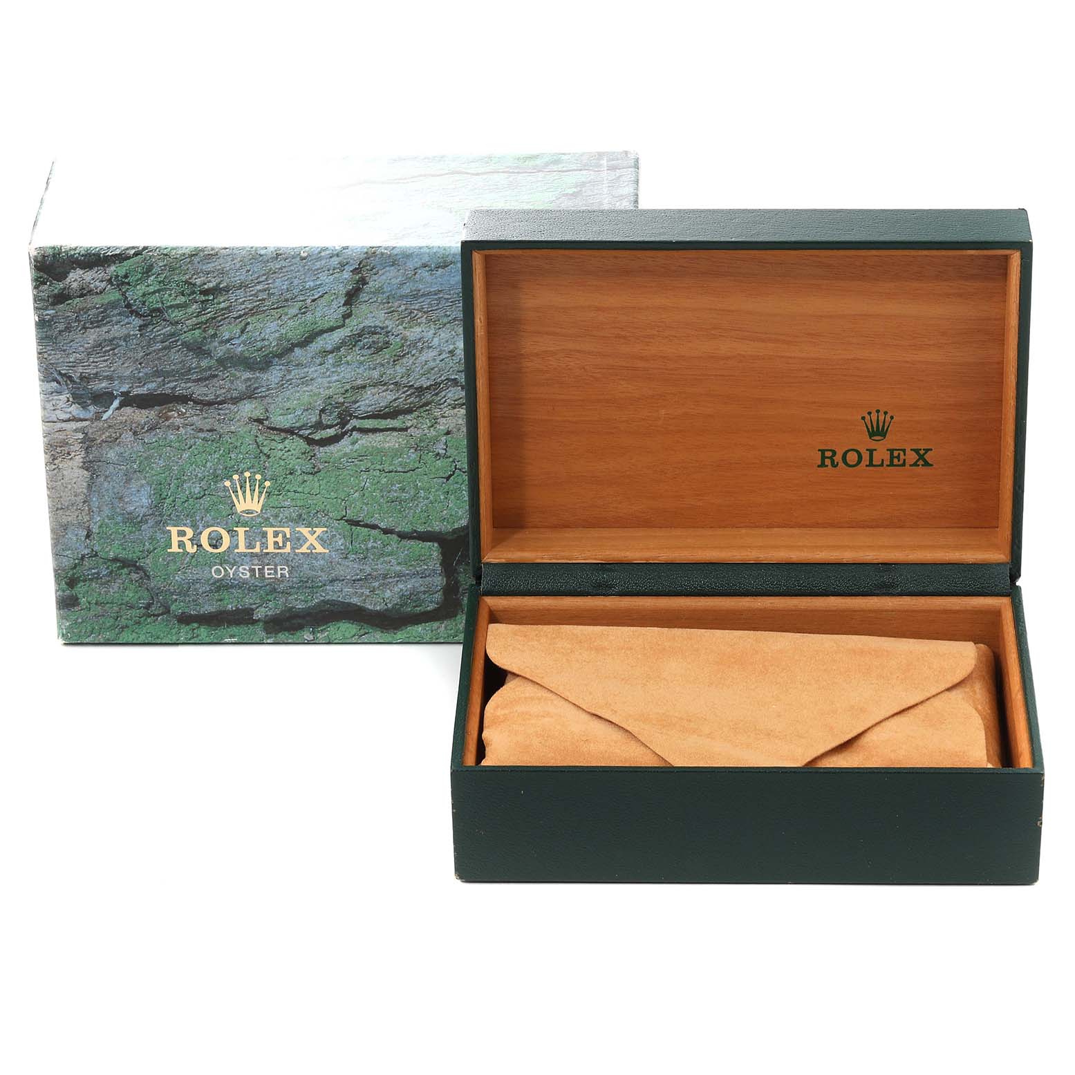 This image shows the packaging for a Rolex Submariner 14060M Men
s Stainless Steel Black Dial 14060M Men
s Stainless Steel Black Dial, including an open wooden and leather box and an exterior cardboard box.