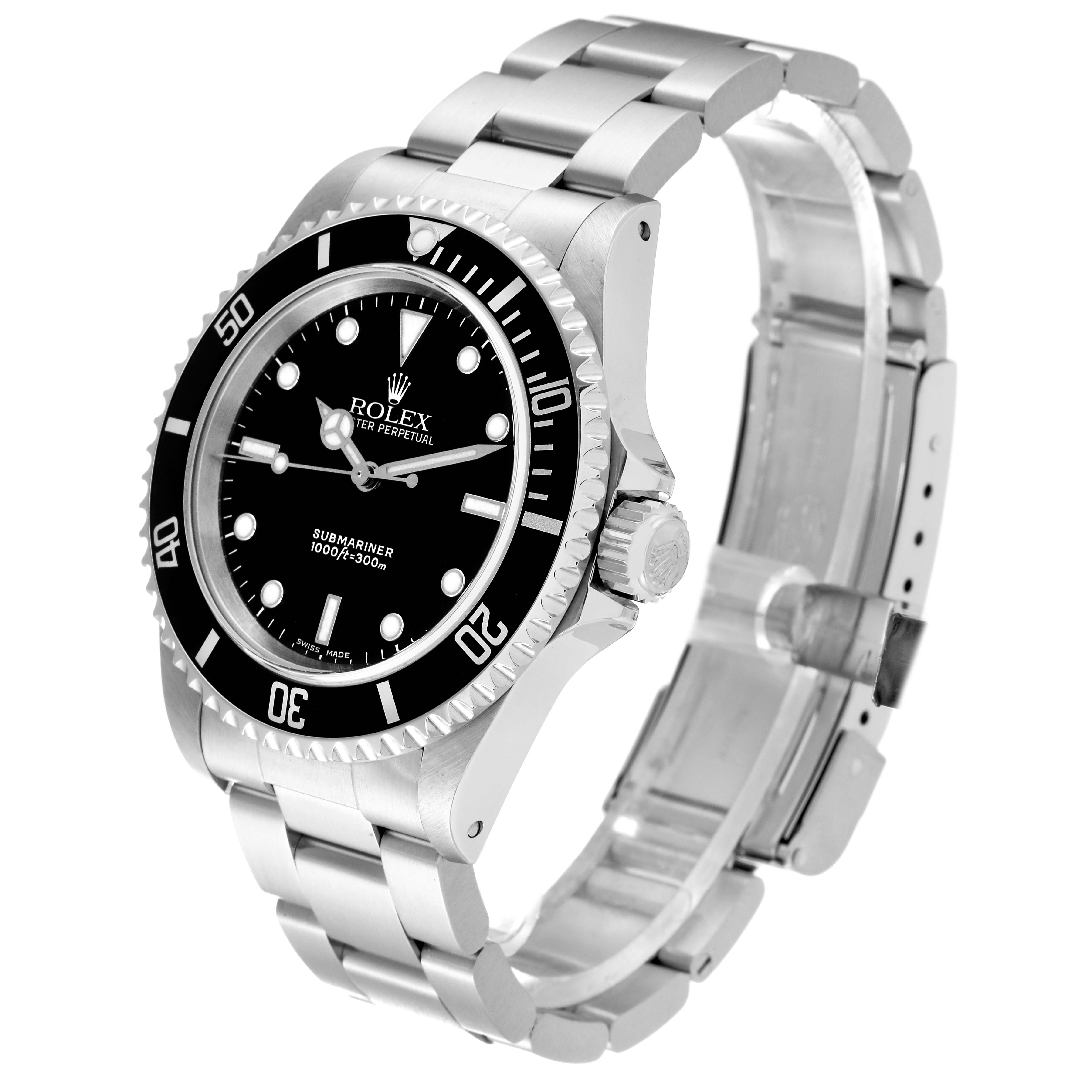 The image shows a Rolex Submariner 14060M Men
s Stainless Steel Black Dial 14060M Men
s Stainless Steel Black Dial watch at an angle highlighting the face, bezel, crown, and bracelet.
