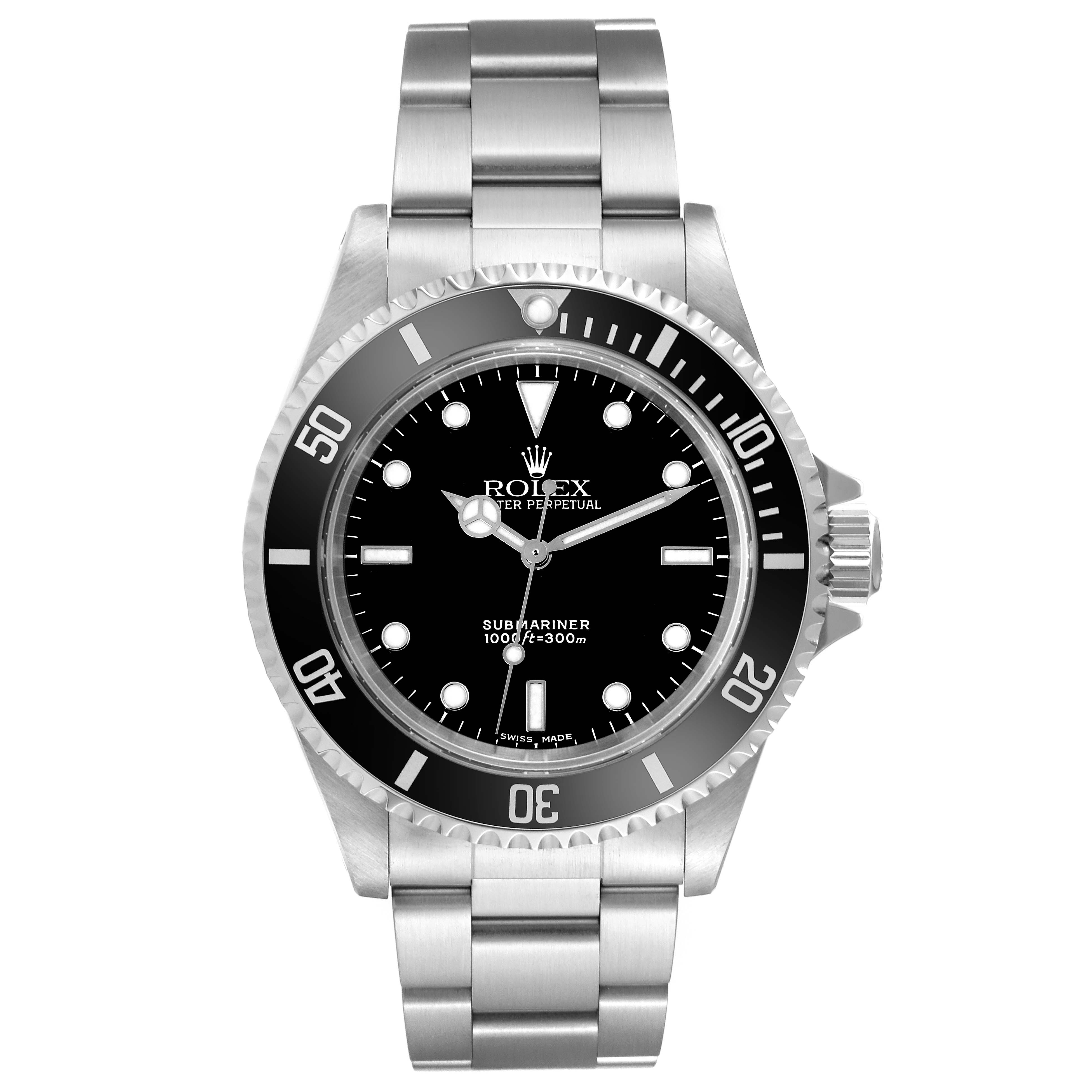 The image shows a front view of a Rolex Submariner 14060M Men
s Stainless Steel Black Dial 14060M Men
s Stainless Steel Black Dial watch displaying its bezel, dial, hands, and stainless steel bracelet.