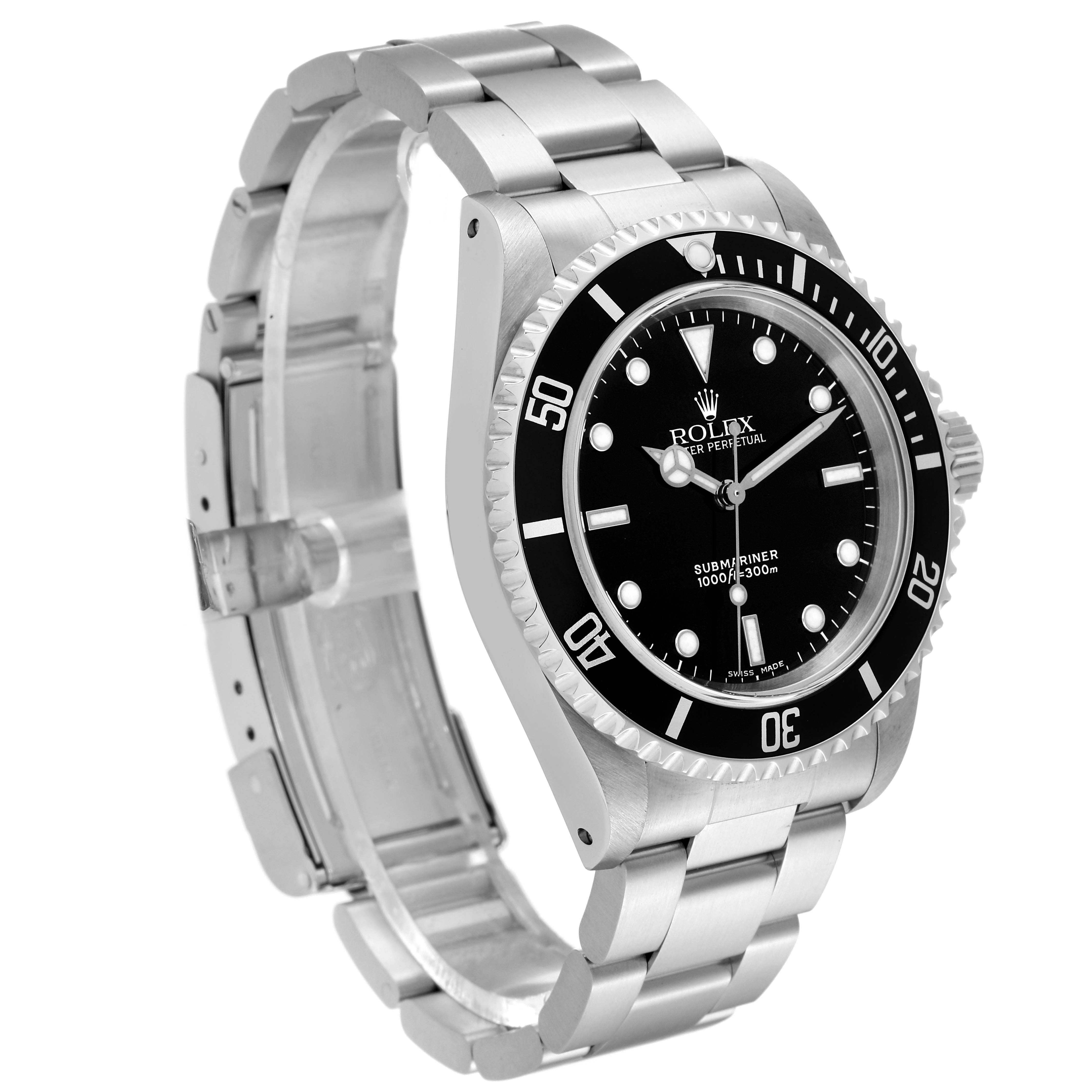 The image shows a side angle of a Rolex Submariner 14060M Men
s Stainless Steel Black Dial 14060M Men
s Stainless Steel Black Dial watch, displaying the bracelet, bezel, dial, and crown.