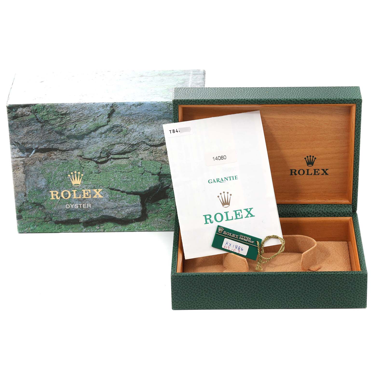 The image shows the packaging and accessories for a Rolex Submariner 14060 Men
s Stainless Steel Black Dial 14060 Men
s Stainless Steel Black Dial watch, including the box, warranty card, and tag.