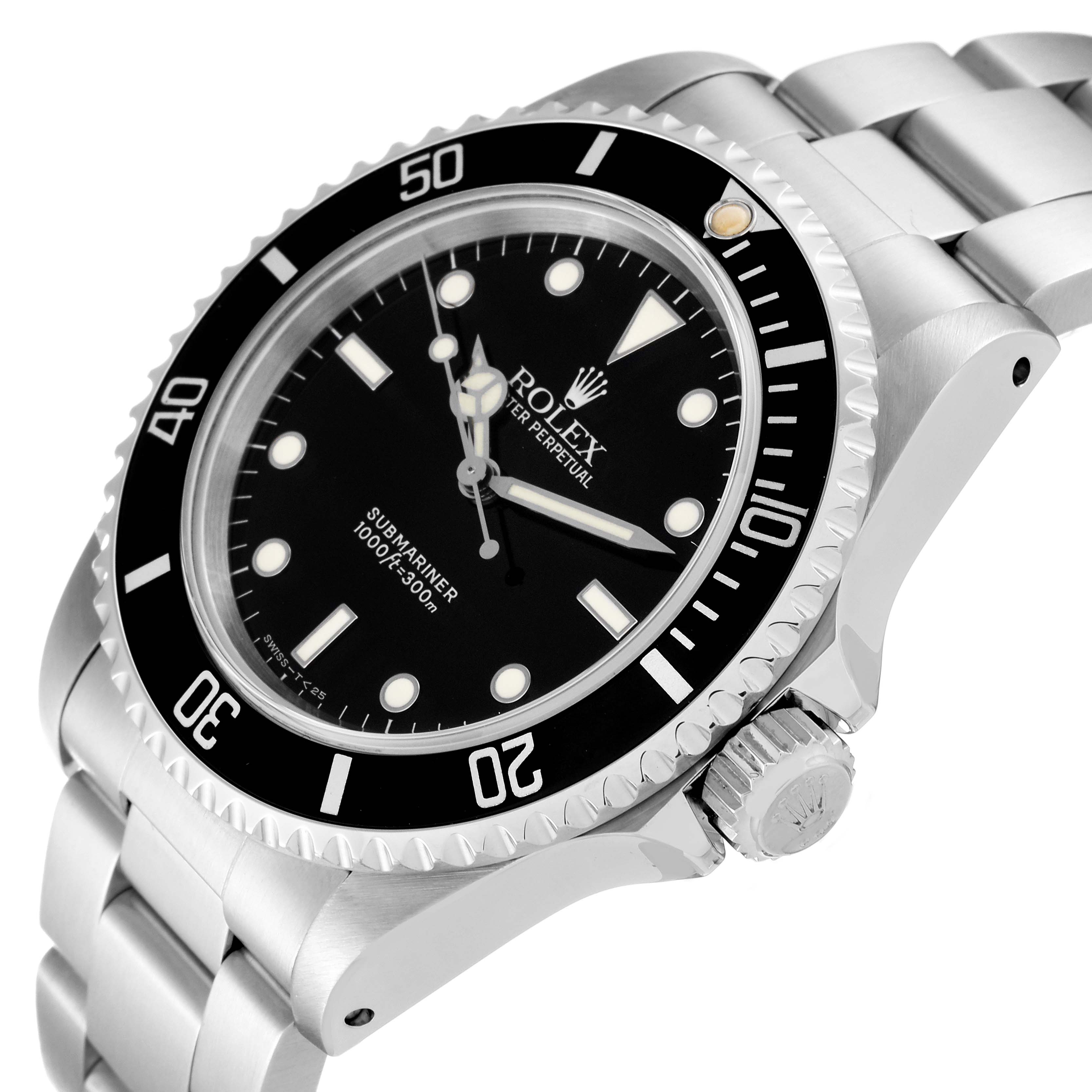 This image shows a Rolex Submariner 14060 Men
s Stainless Steel Black Dial 14060 Men
s Stainless Steel Black Dial watch from a slightly angled top view, highlighting the dial, bezel, and bracelet.