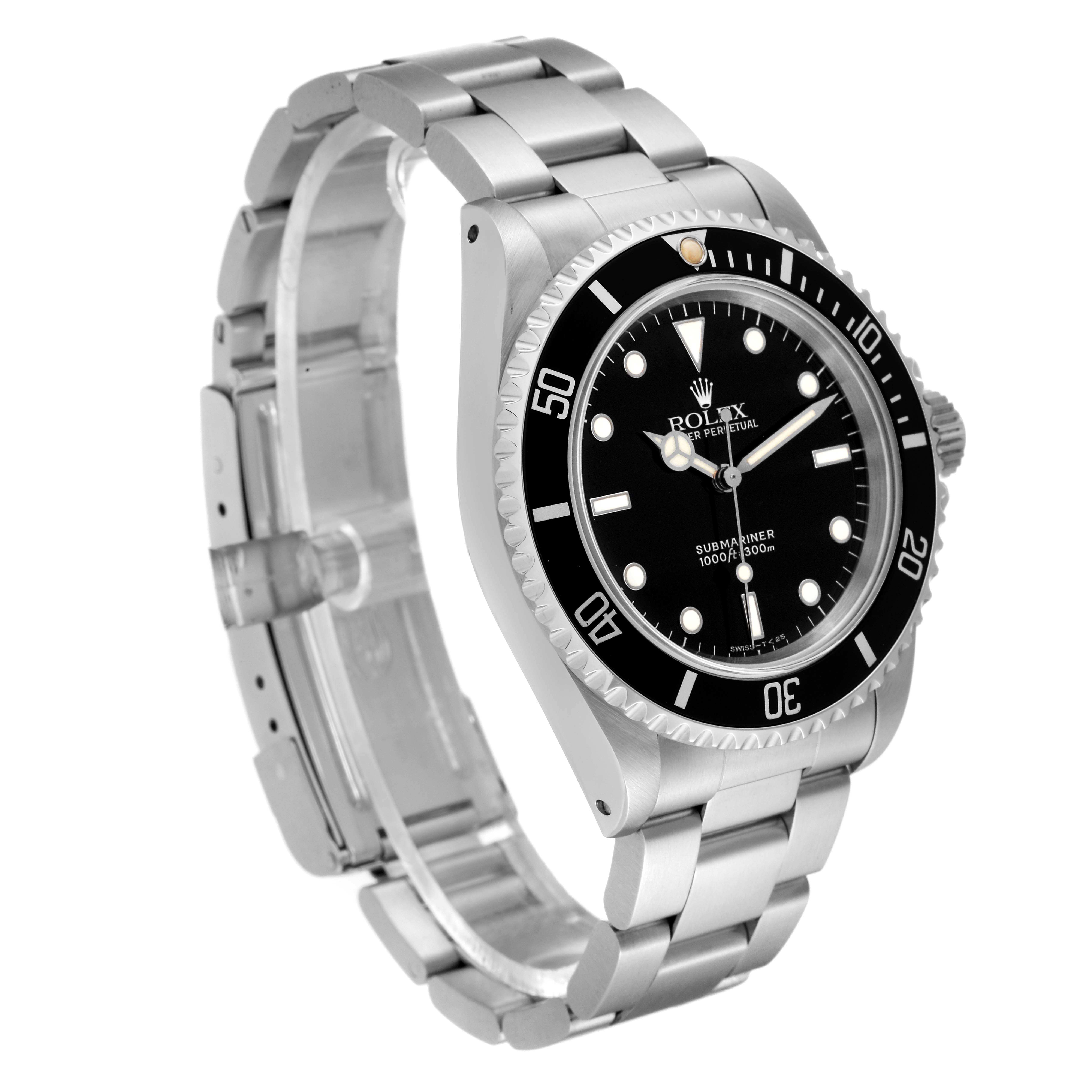 The image shows a side-angle view of a Rolex Submariner 14060 Men
s Stainless Steel Black Dial 14060 Men
s Stainless Steel Black Dial watch, highlighting its bezel, dial, and stainless steel bracelet.