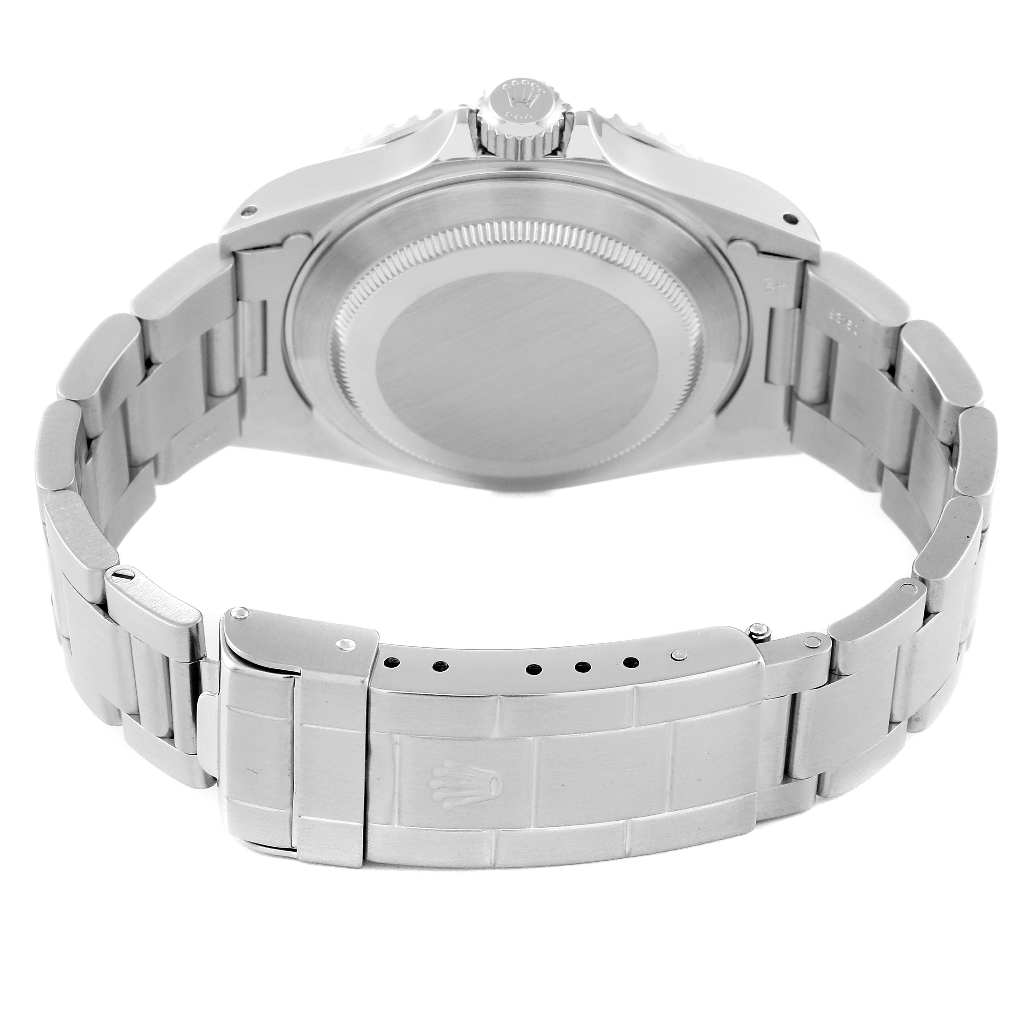 The image shows the backside and bracelet of a Rolex Submariner 14060 Men
s Stainless Steel Black Dial 14060 Men
s Stainless Steel Black Dial watch, including the case back, clasp, and links.