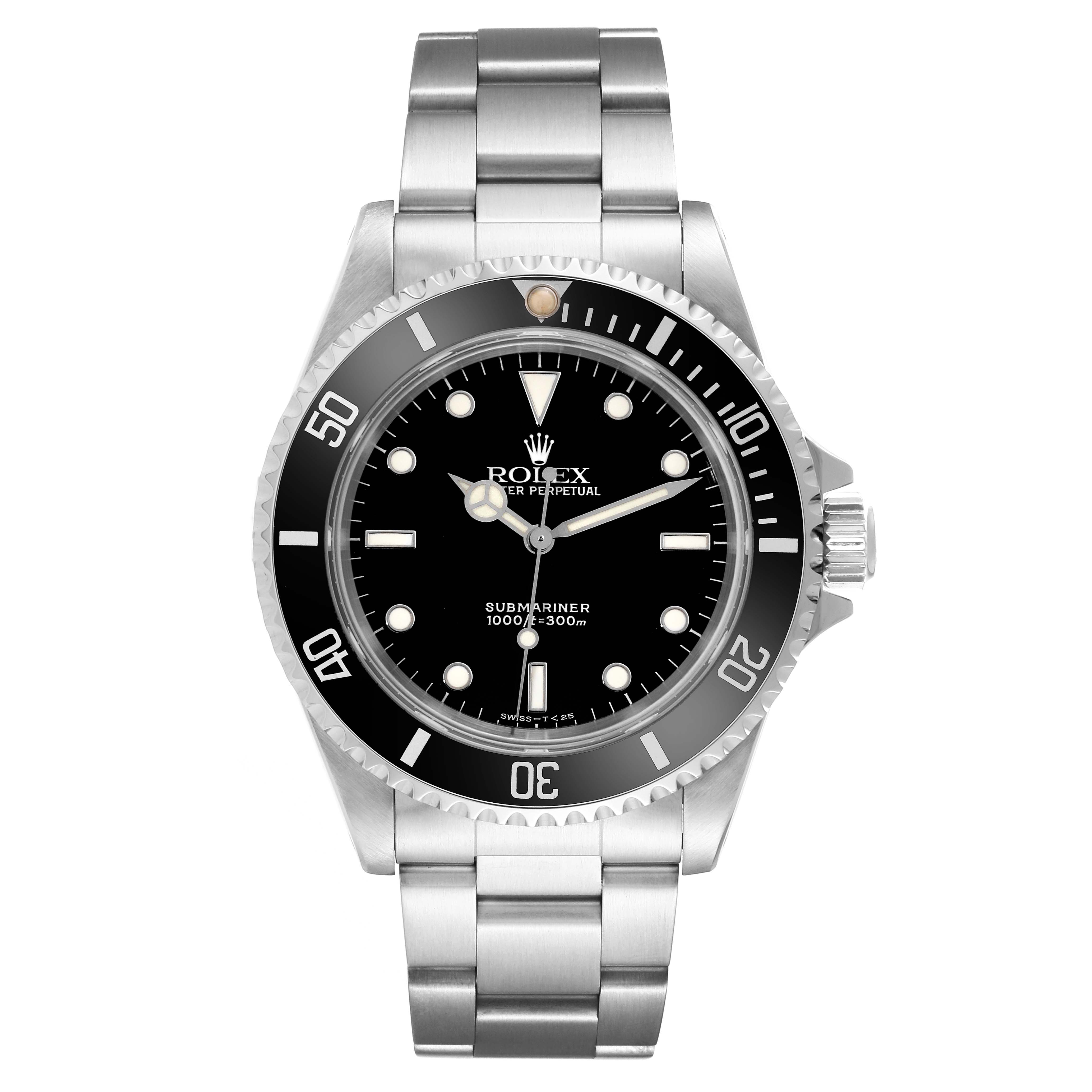The image shows a front view of the Rolex Submariner 14060 Men
s Stainless Steel Black Dial 14060 Men
s Stainless Steel Black Dial watch displaying the dial, bezel, case, and bracelet.