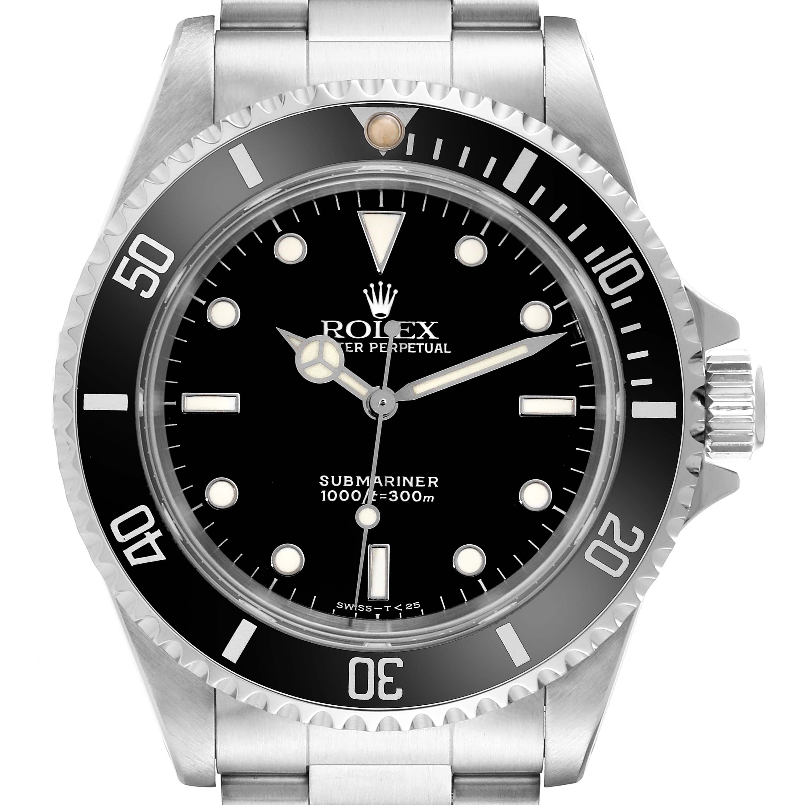 The image shows a frontal view of the Rolex Submariner 14060 Men
s Stainless Steel Black Dial 14060 Men
s Stainless Steel Black Dial watch, highlighting the dial, bezel, and part of the stainless steel bracelet.