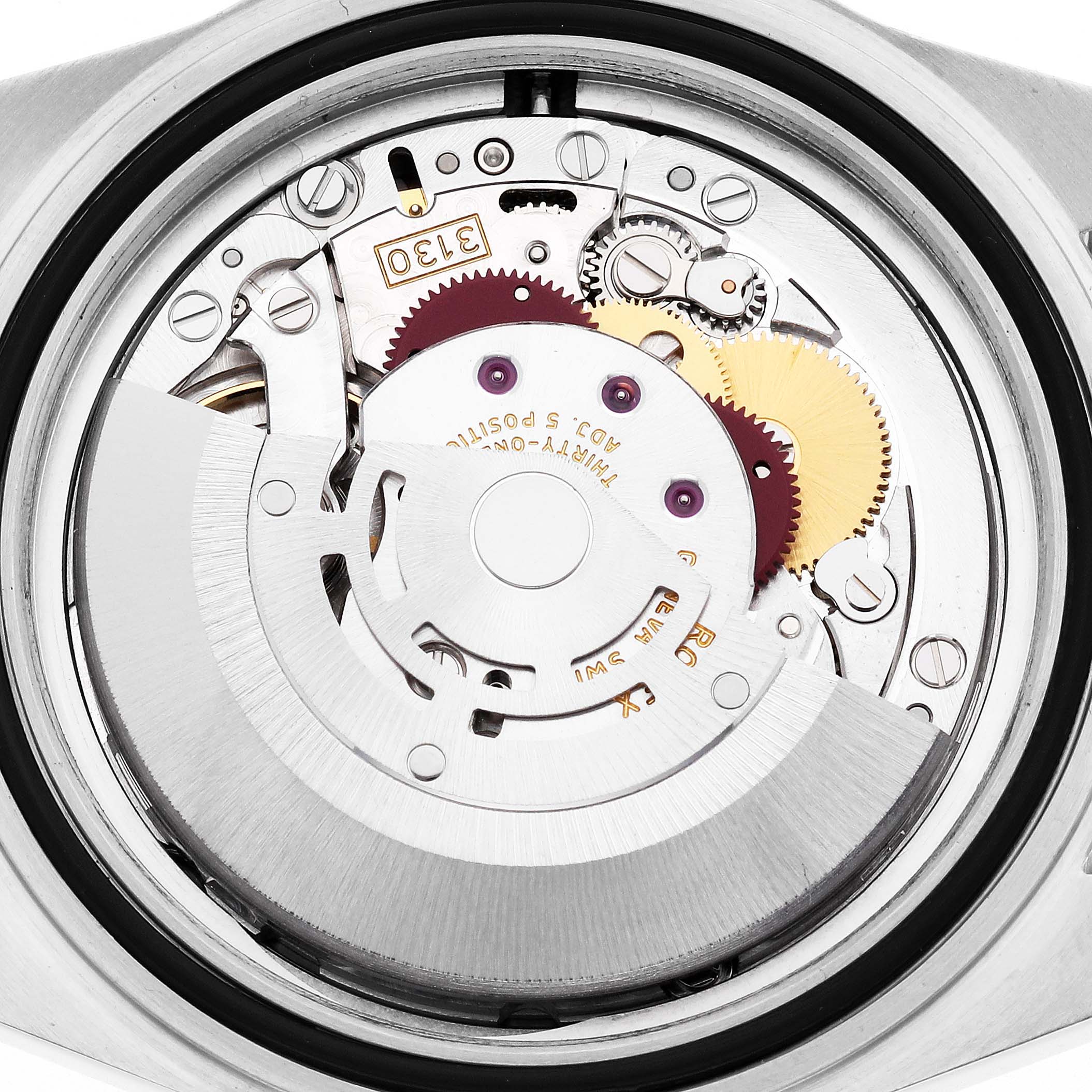 The image shows the back view of a Rolex Submariner 14060 Men's Stainless Steel Black Dial, highlighting its movement and internal mechanics.