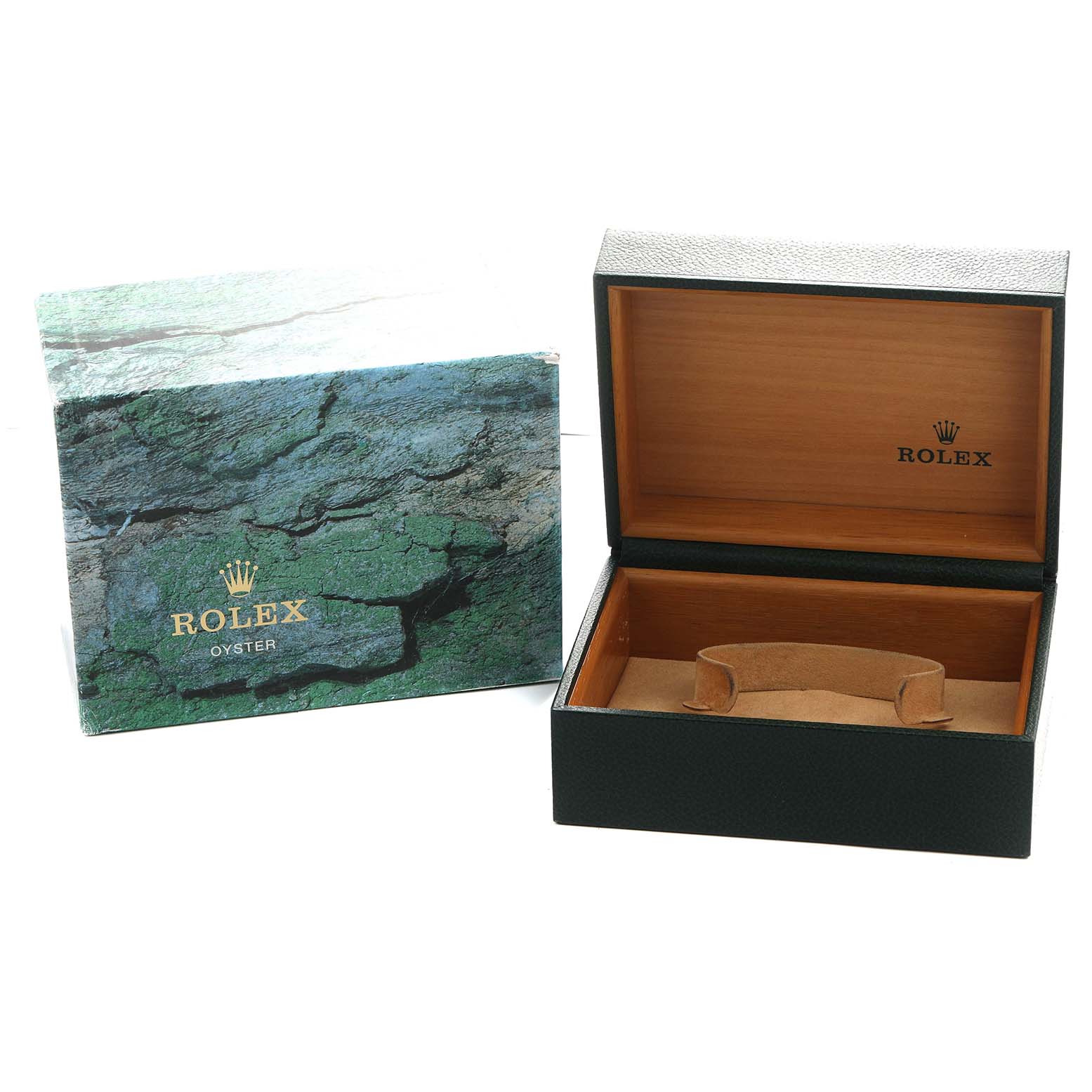 The image shows an open Rolex Submariner 14060 Men's Stainless Steel Black Dial watch box alongside its outer packaging, revealing the interior.