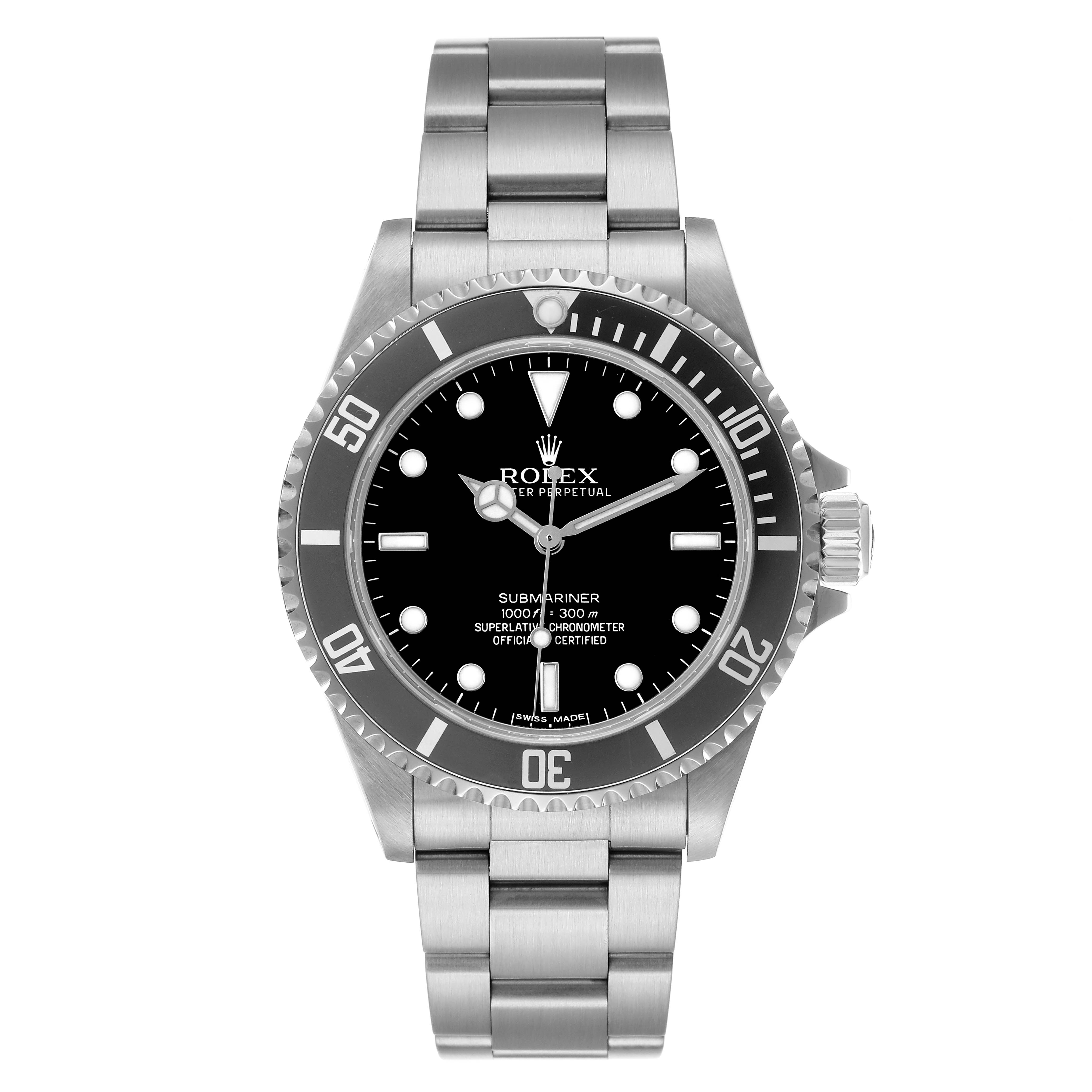 The Rolex Submariner 14060 Men's Stainless Steel Black Dial watch is shown from the front, displaying the dial, bezel, and bracelet.