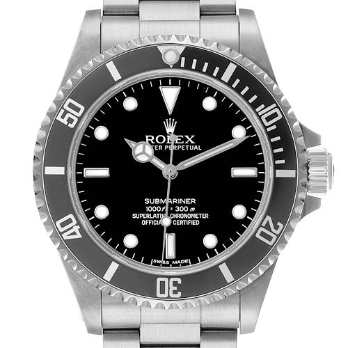 The Rolex Submariner 14060 Men's Stainless Steel Black Dial is shown from a frontal angle, highlighting the dial, bezel, and part of the bracelet.