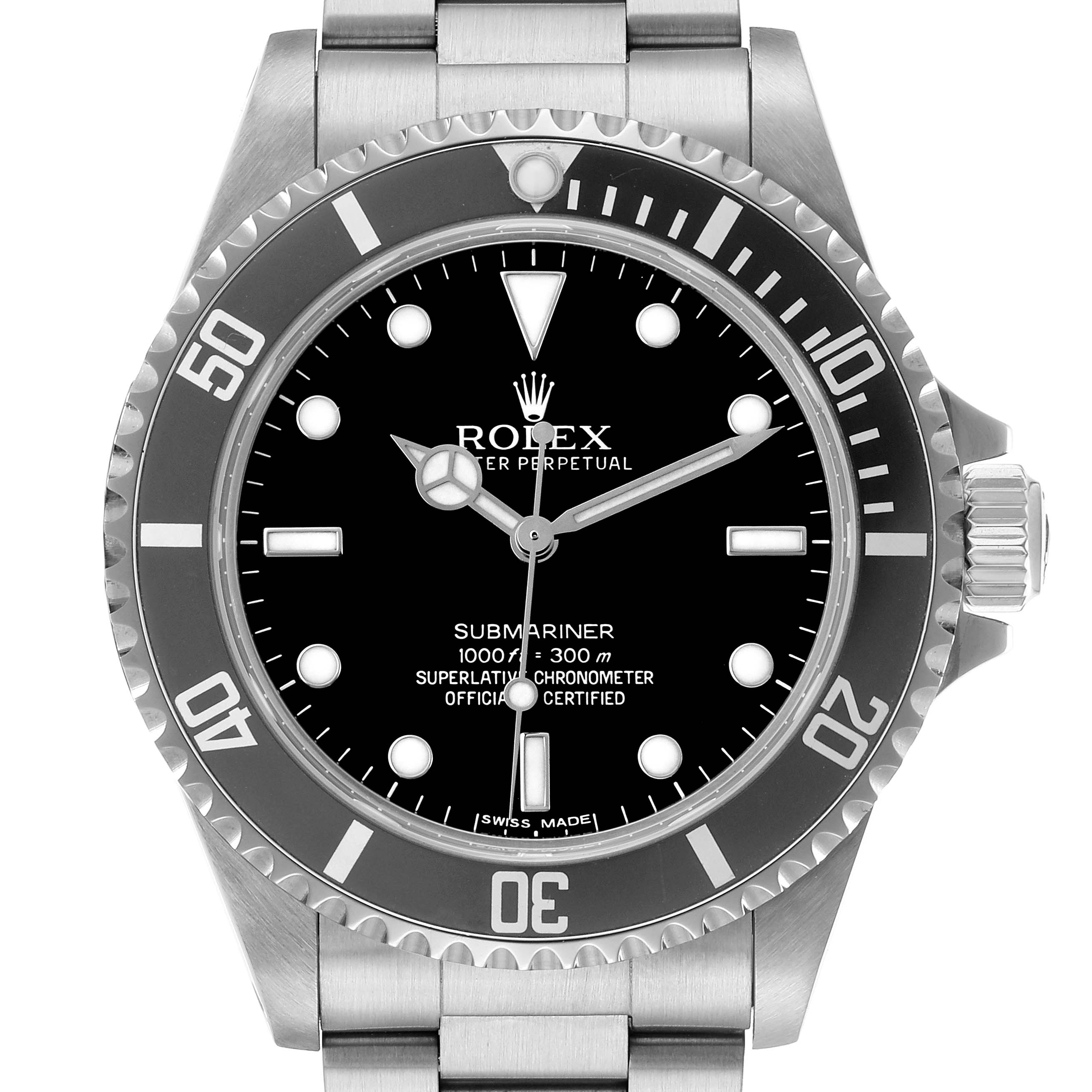 The image shows a front view of the Rolex Submariner 14060 Men's Stainless Steel Black Dial, highlighting the dial, bezel, and part of the bracelet.