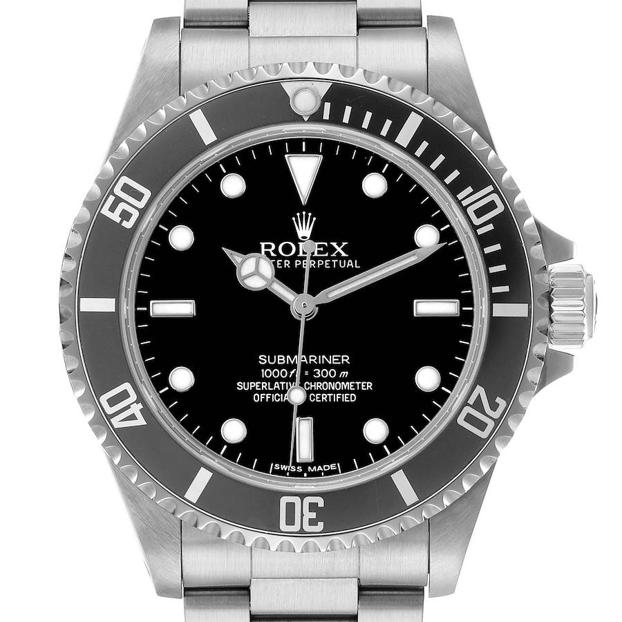 The image shows a front view of the Rolex Submariner 14060 Men's Stainless Steel Black Dial, highlighting the dial, bezel, and part of the bracelet.